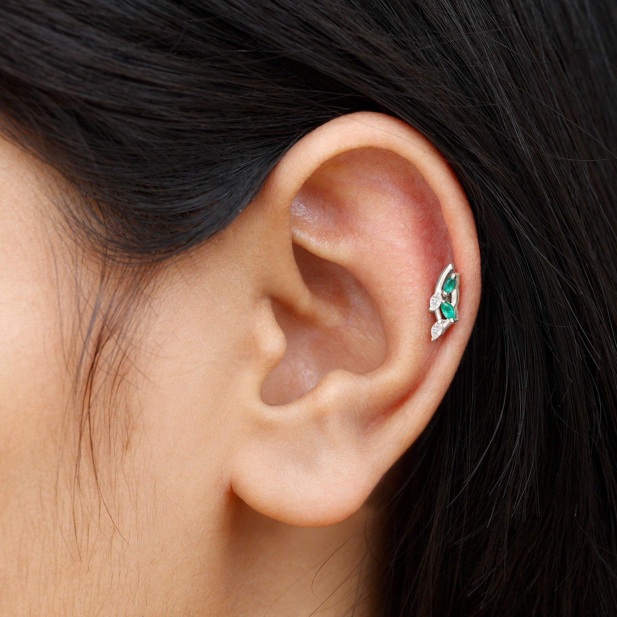 Rosec Jewels-Marquise Emerald and Moissanite Crawler Earring for Helix Piercing