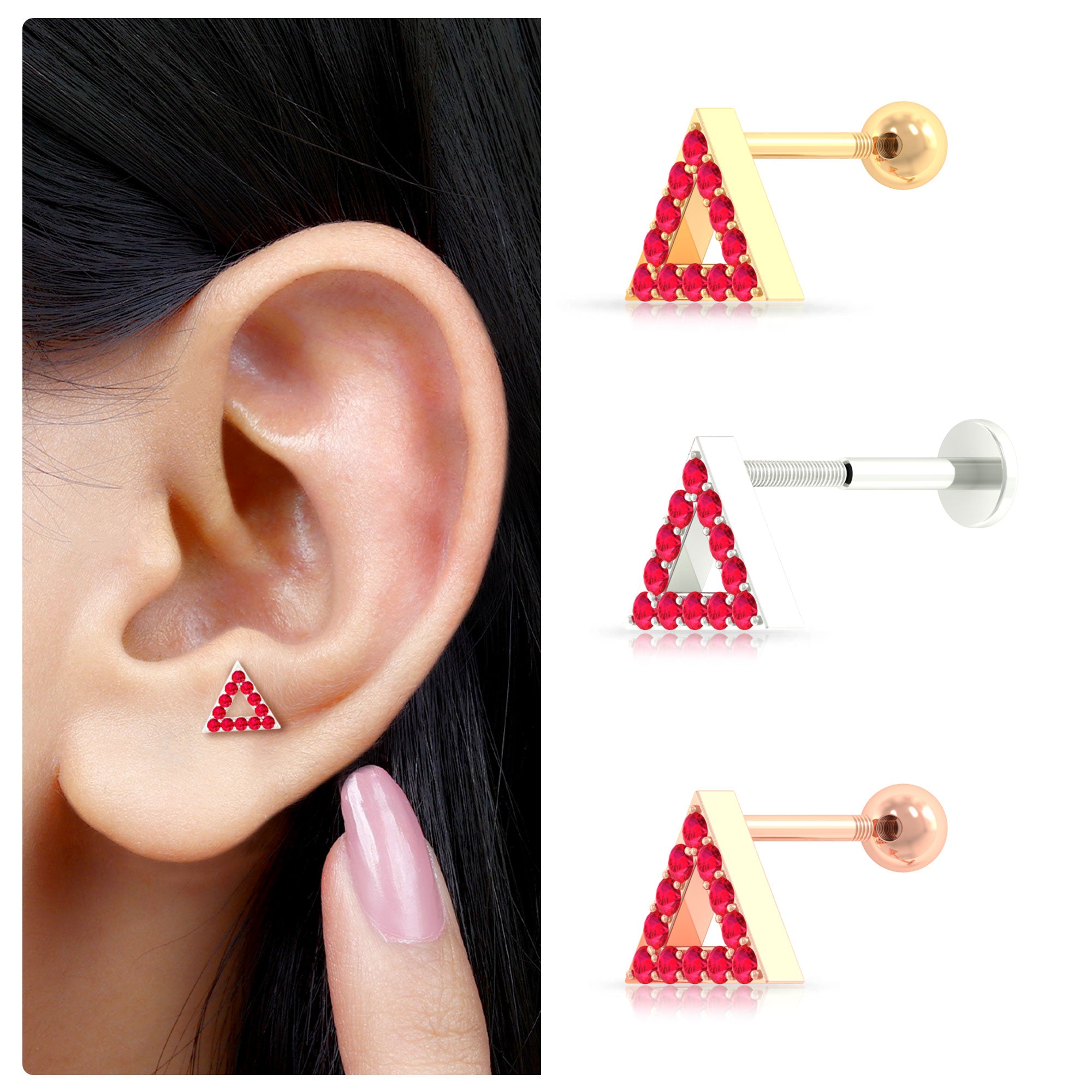 Rosec Jewels-Genuine Ruby Triangle Earring for Cartilage Piercing