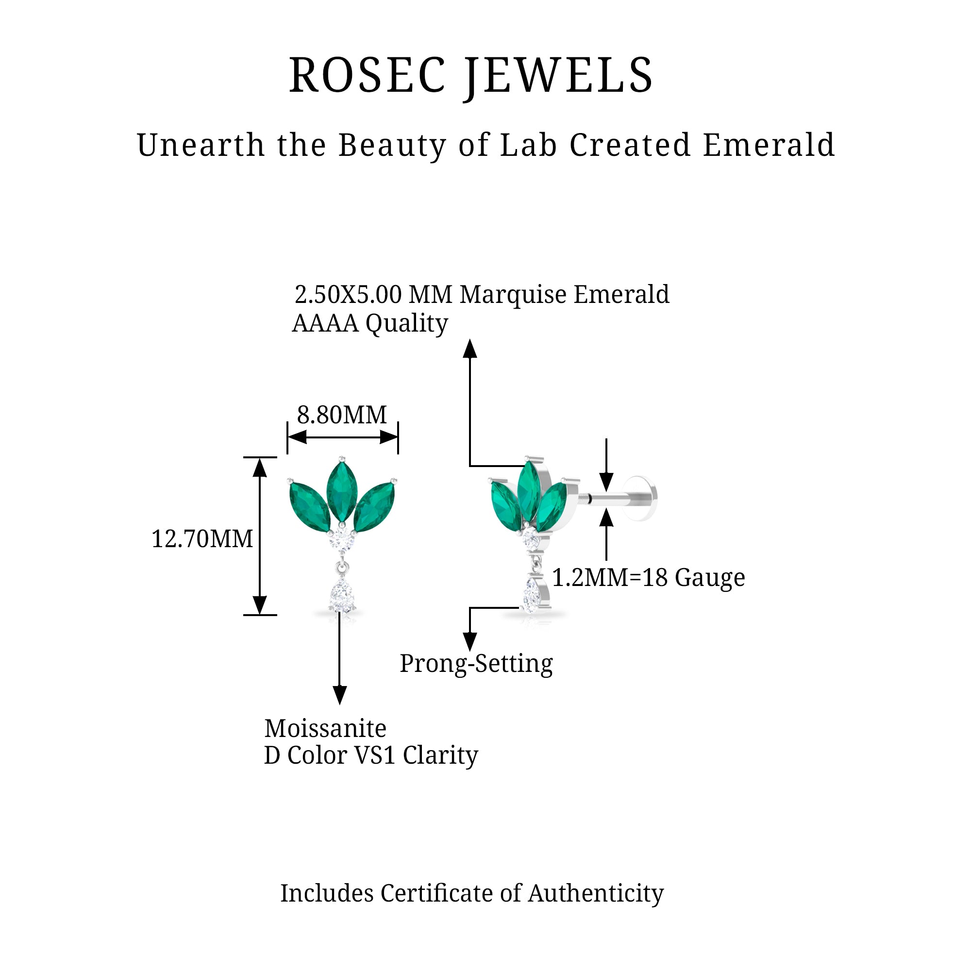 Rosec Jewels-Marquise Created Emerald and Moissanite Flower Drop Earring