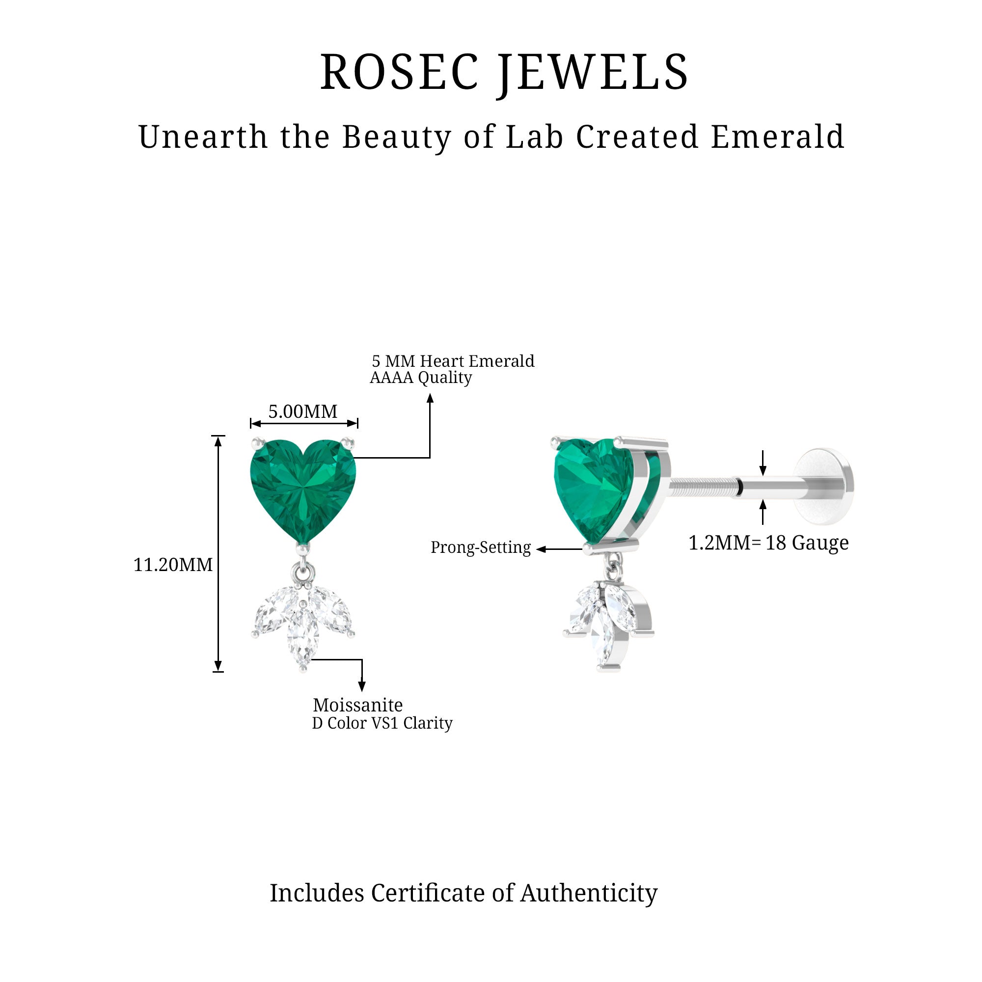 Rosec Jewels-Heart Created Emerald and Moissanite Helix Drop Earring