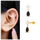 Rosec Jewels-Pear Shape Black Onyx Dangling Helix Earring with Moissanite