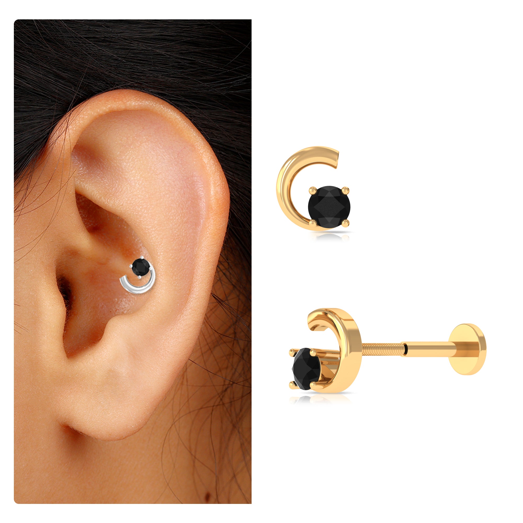 Rosec Jewels-Round Black Onyx Crescent Moon Gold Conch Earring