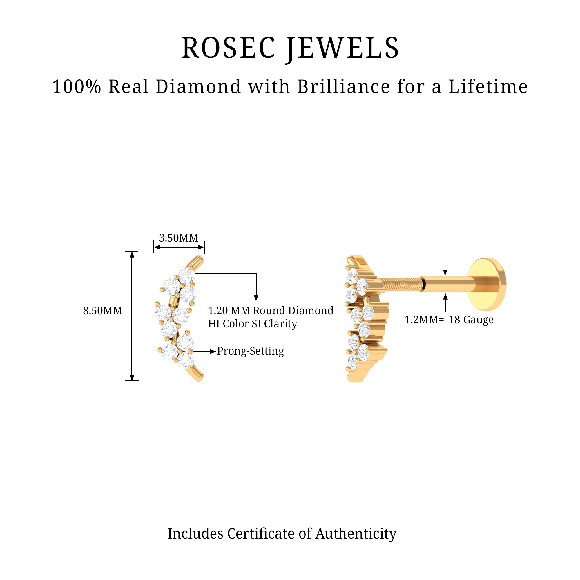 Rosec Jewels-Round Diamond Cluster Curved Helix Earring in Gold