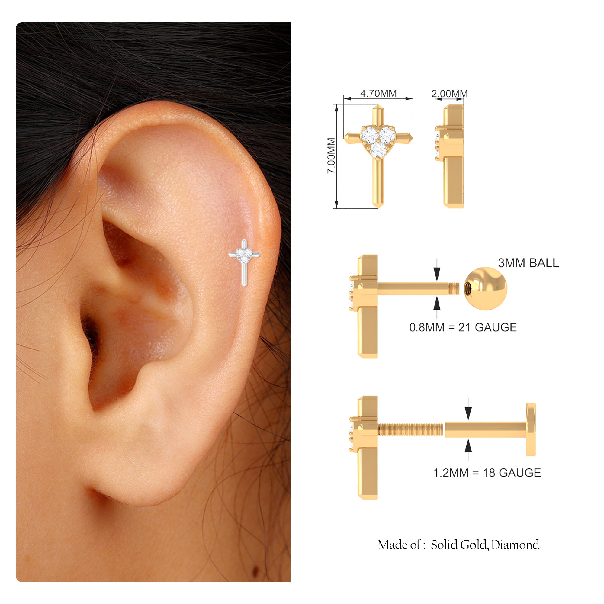 Rosec Jewels-Round Natural Diamond Gold Cross Helix Earring