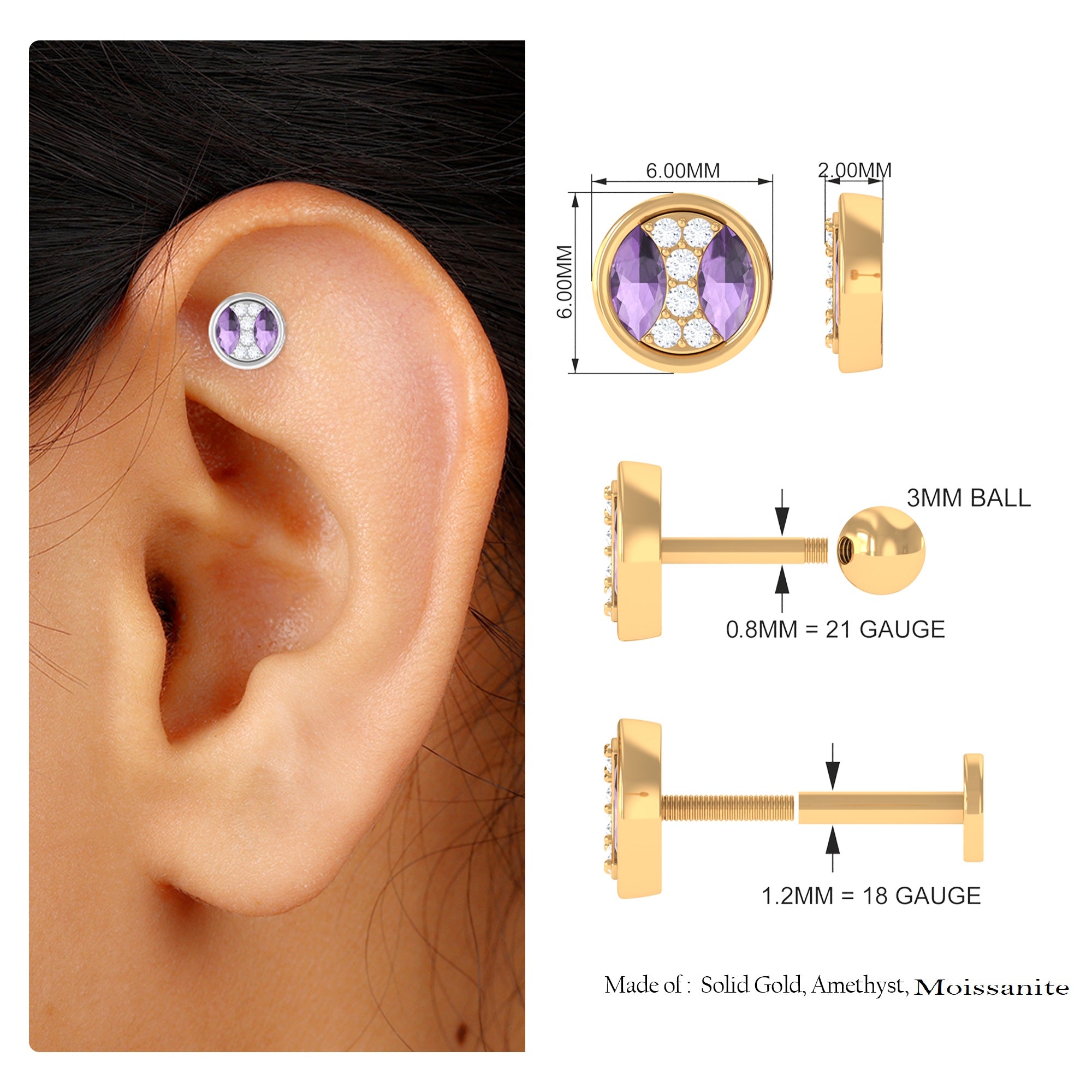 Rosec Jewels-Amethyst and Moissanite Circle Helix Earring in Gold