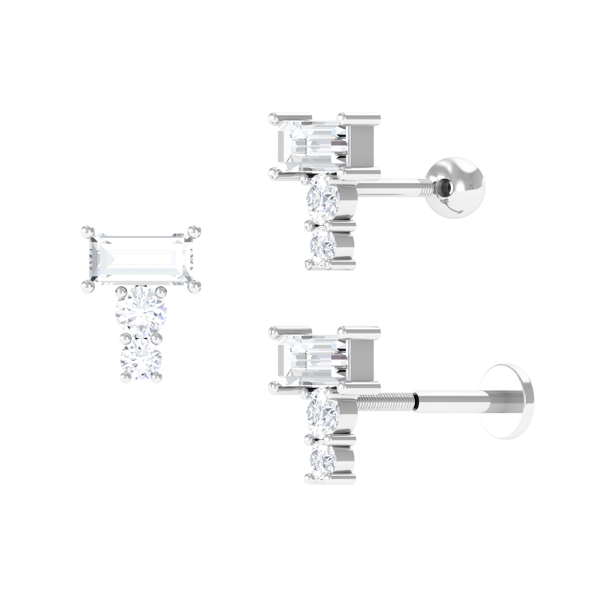 Rosec Jewels-Baguette Moissanite Three Stone Cartilage Earring in Gold