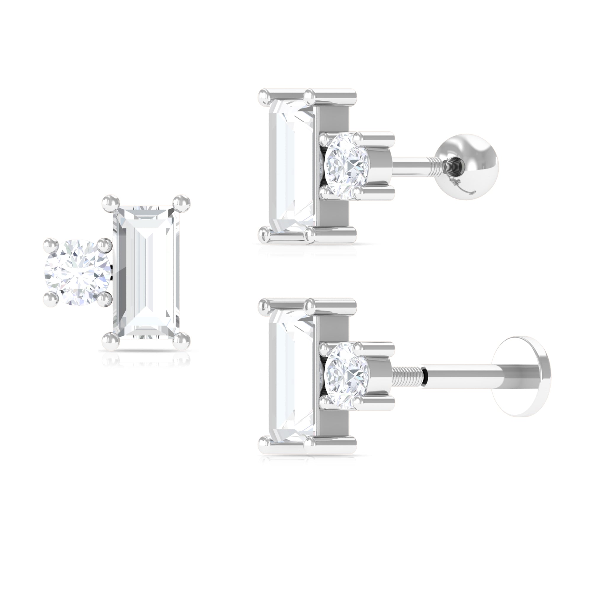 Rosec Jewels-Baguette and Round Moissanite Two Stone Helix Earring