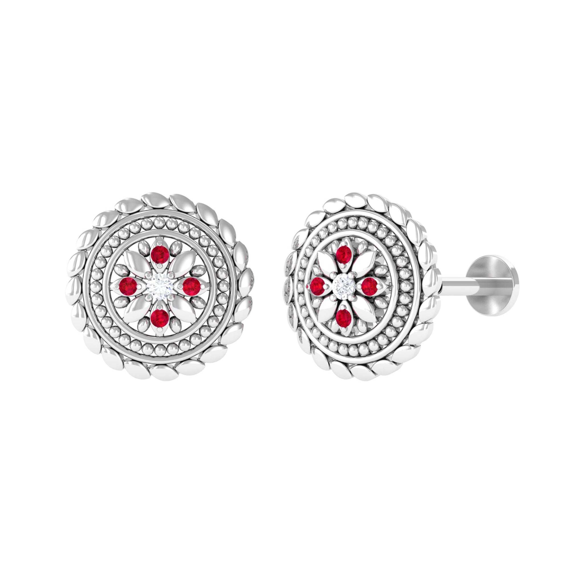 Statement Nose Pin with Created Ruby and Diamond Lab Created Ruby - ( AAAA ) - Quality - Rosec Jewels