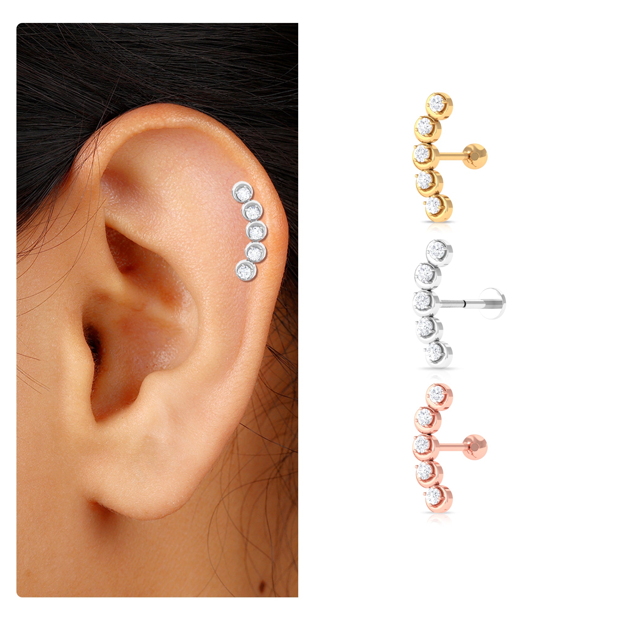 Rosec Jewels-Round Moissanite Gold Crawler Earring for Helix Piercing