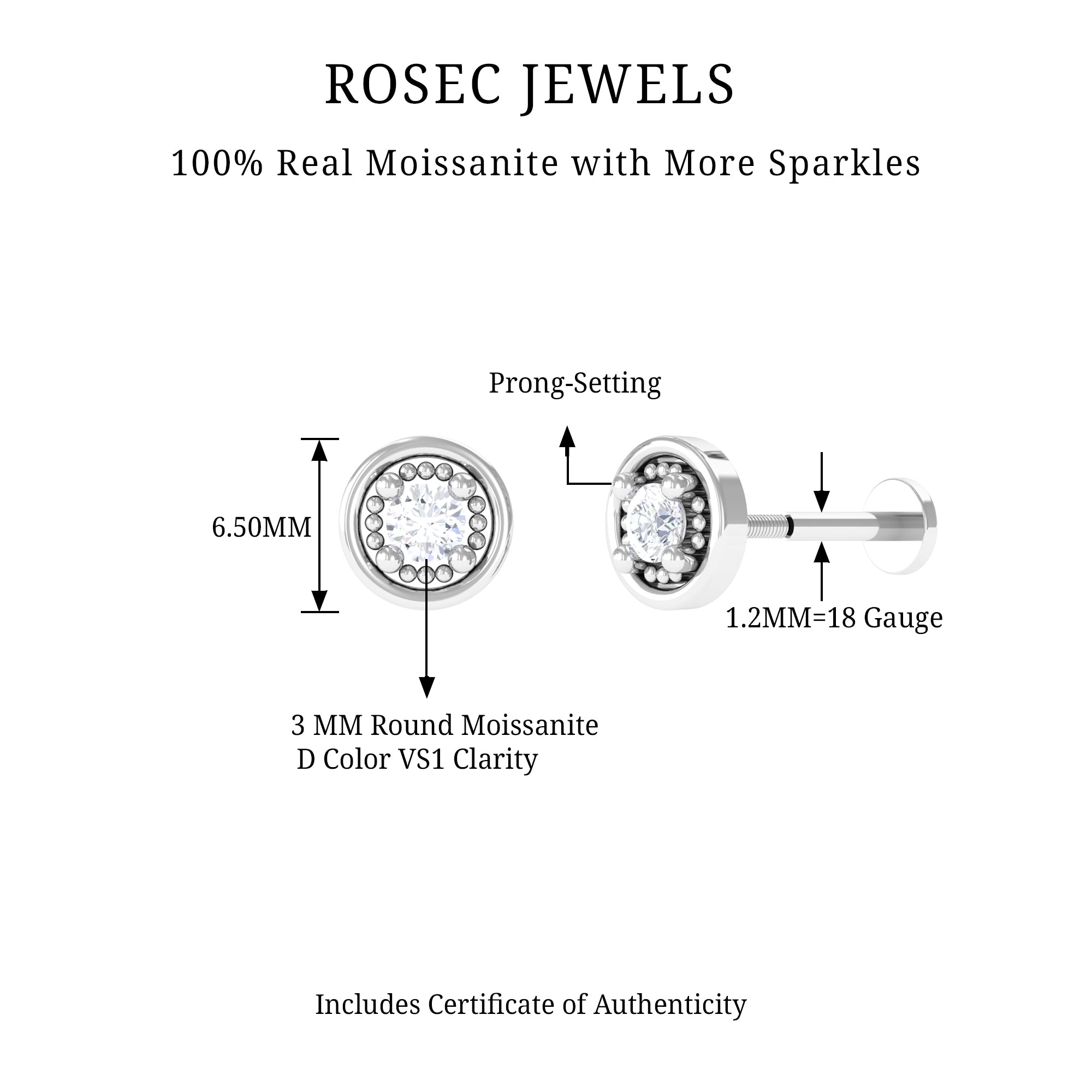 Rosec Jewels-Elegant Moissanite Gold Circle Earring for Helix Piercing