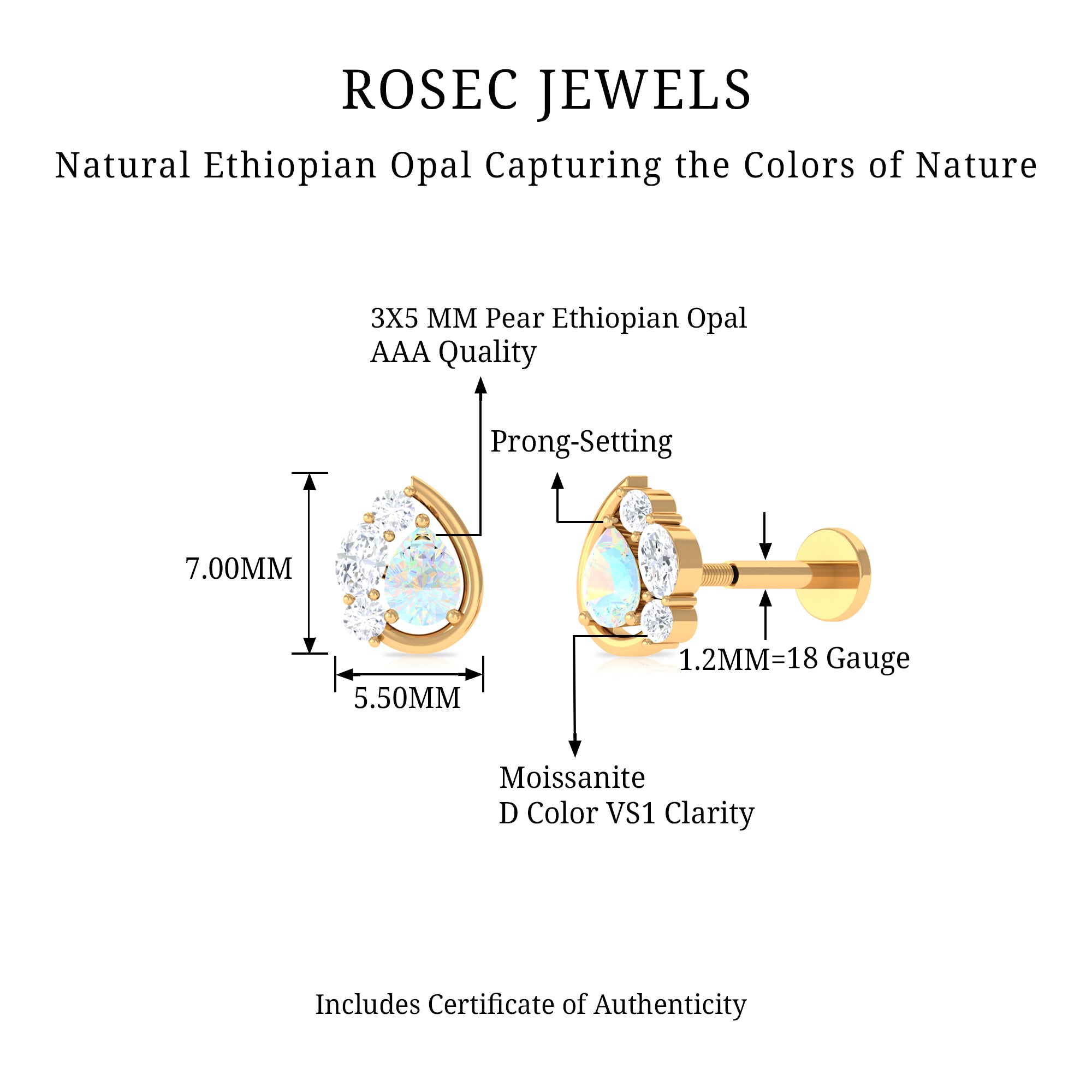 Rosec Jewels-Pear Shape Ethiopian Opal and Moissanite Cartilage Earring