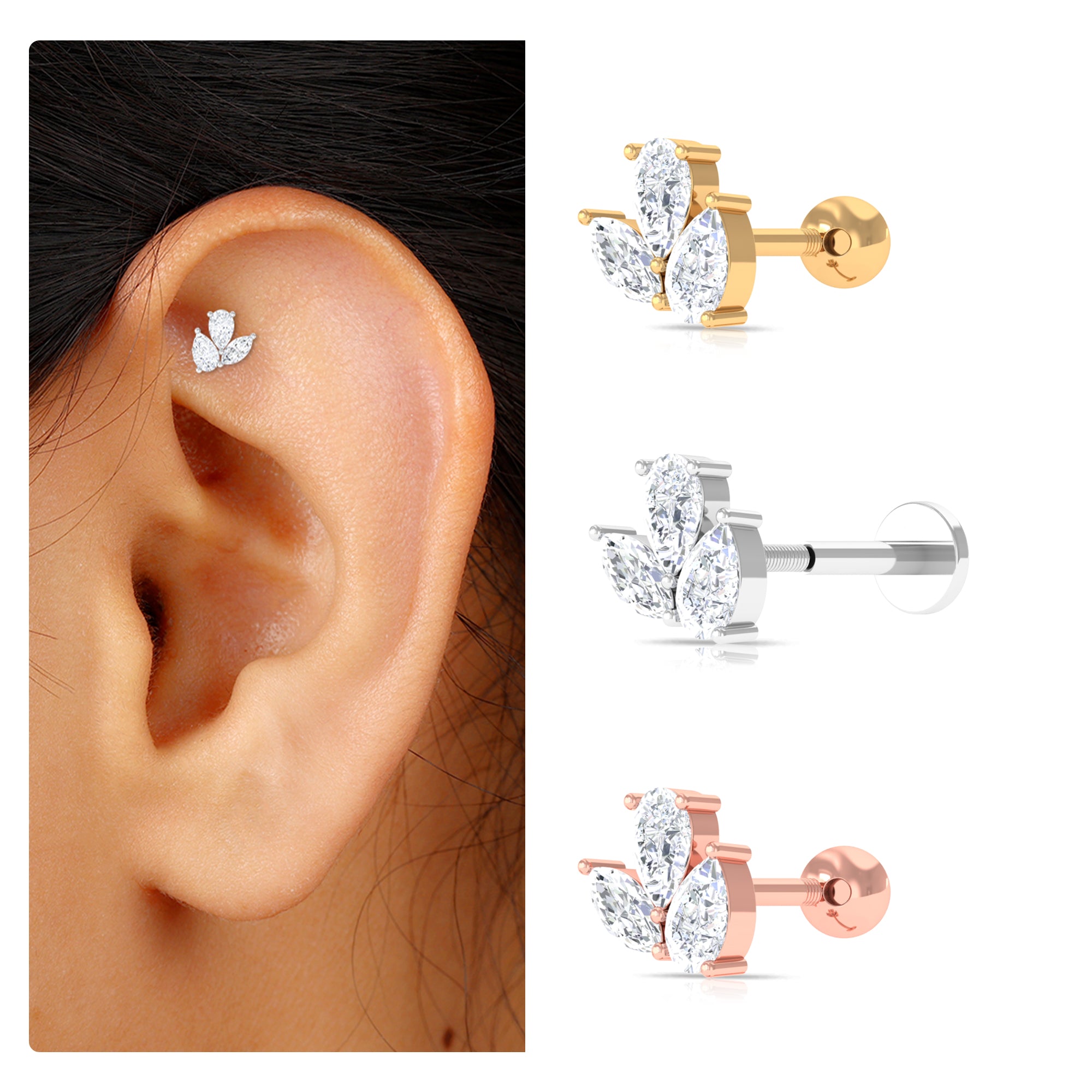 Rosec Jewels-Pear and Marquise Cut Moissanite Cluster Cartilage Earring