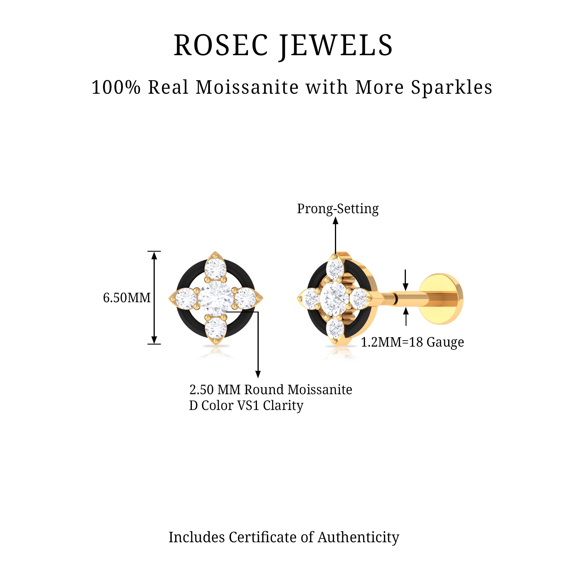 Rosec Jewels-Round Moissanite Cartilage Earring with Black Enamel