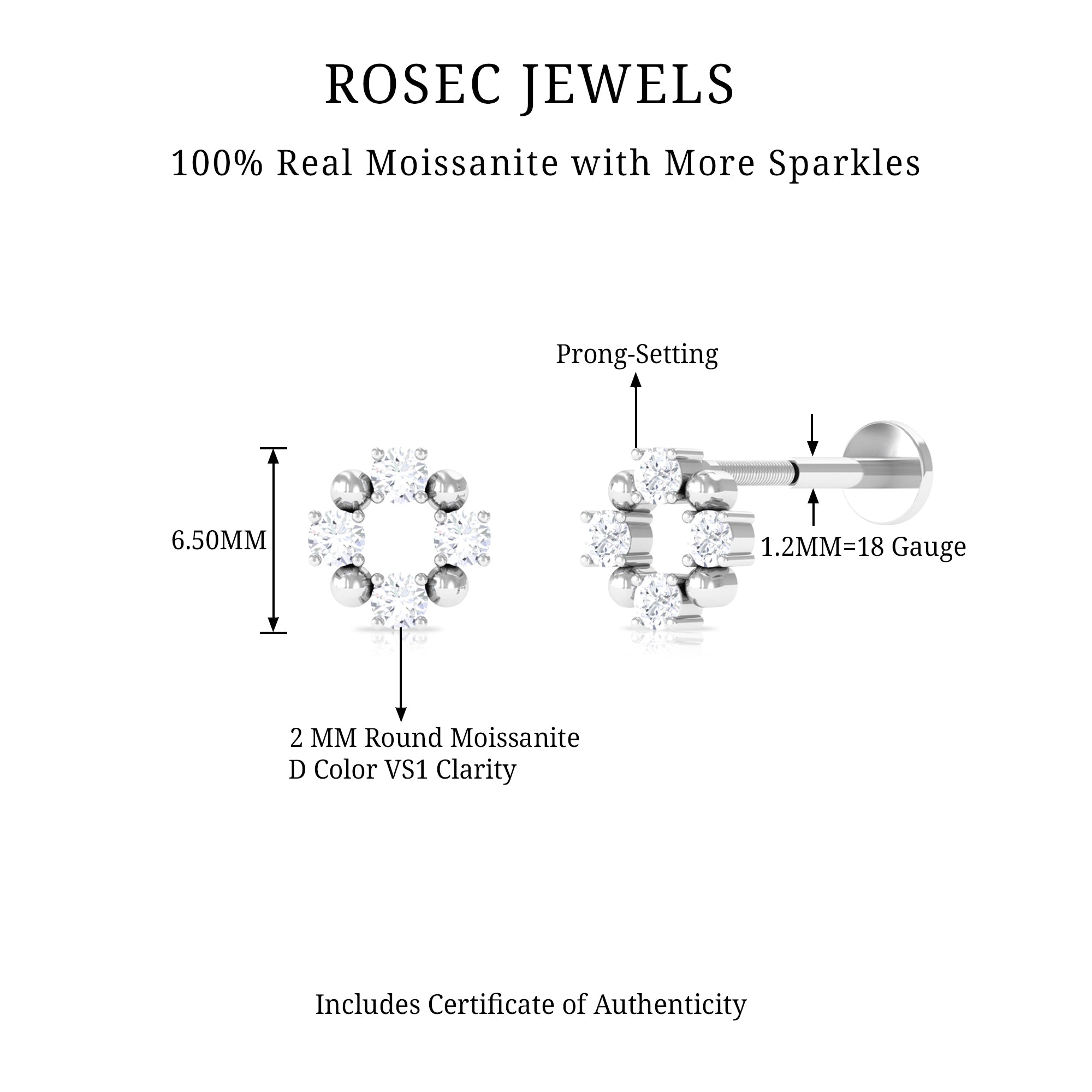 Rosec Jewels-Round Moissanite Open Circle Eternity Cartilage Earring