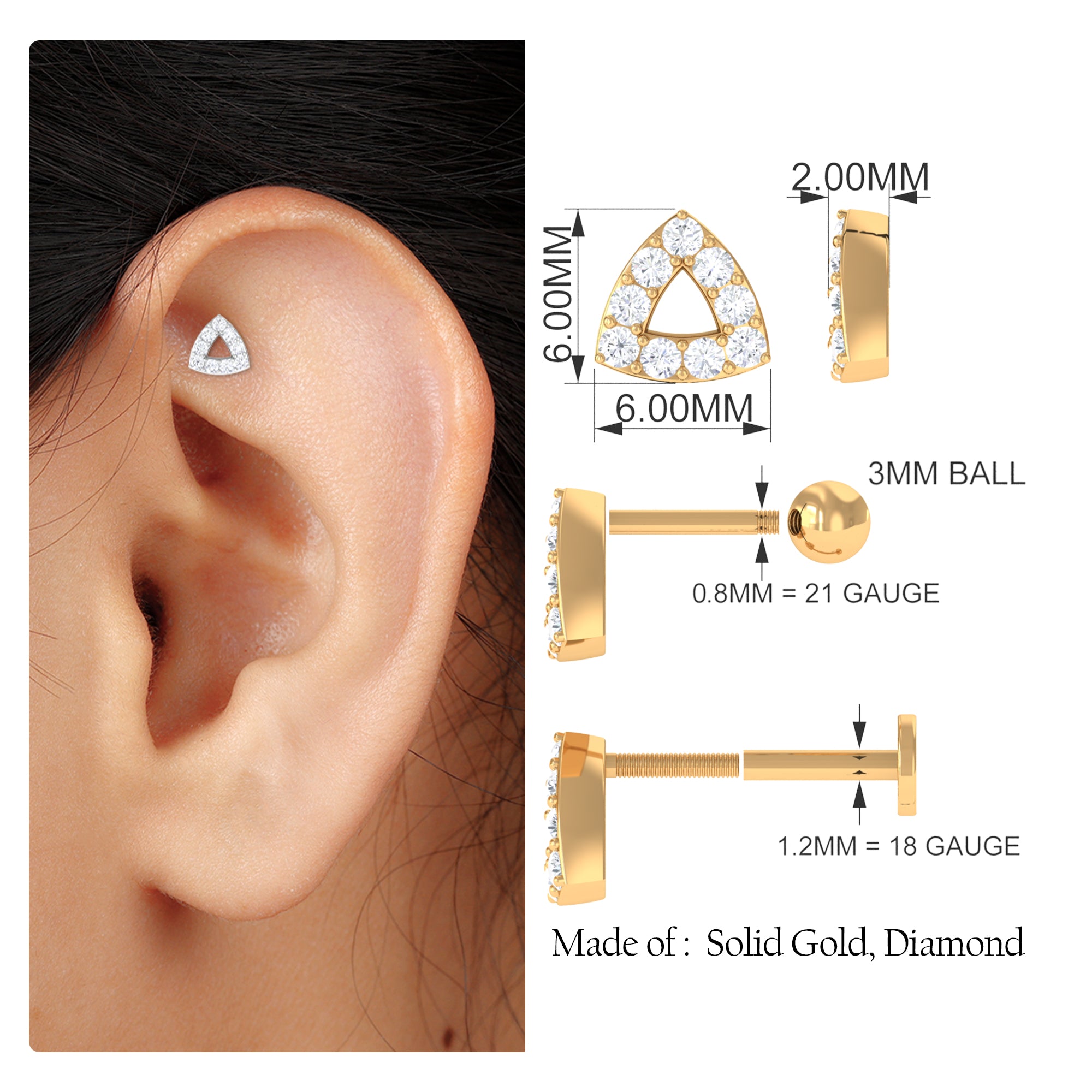 Rosec Jewels-Minimalist Moissanite Gold Triangle Earring for Helix Piercing