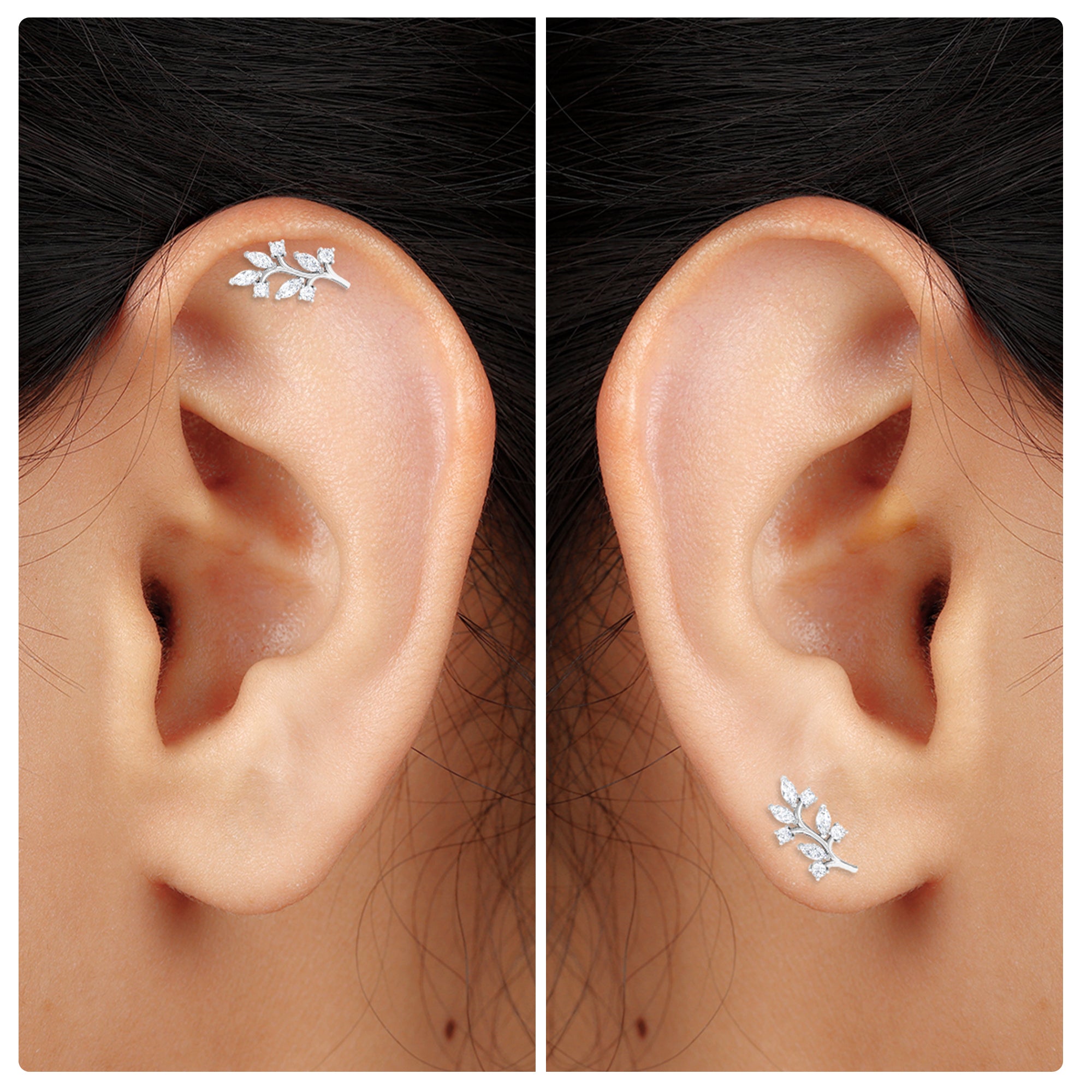 Rosec Jewels-Marquise and Round Moissanite Leaf Earring for Helix Piercing