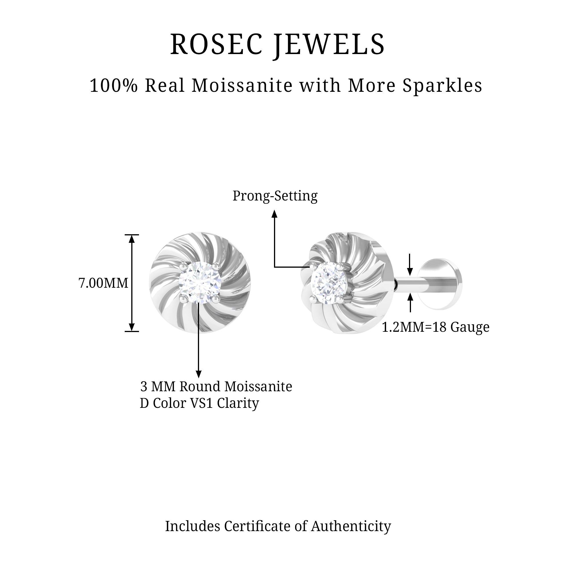 Rosec Jewels-Round Moissanite Gold Swirl Earring for Helix Piercing