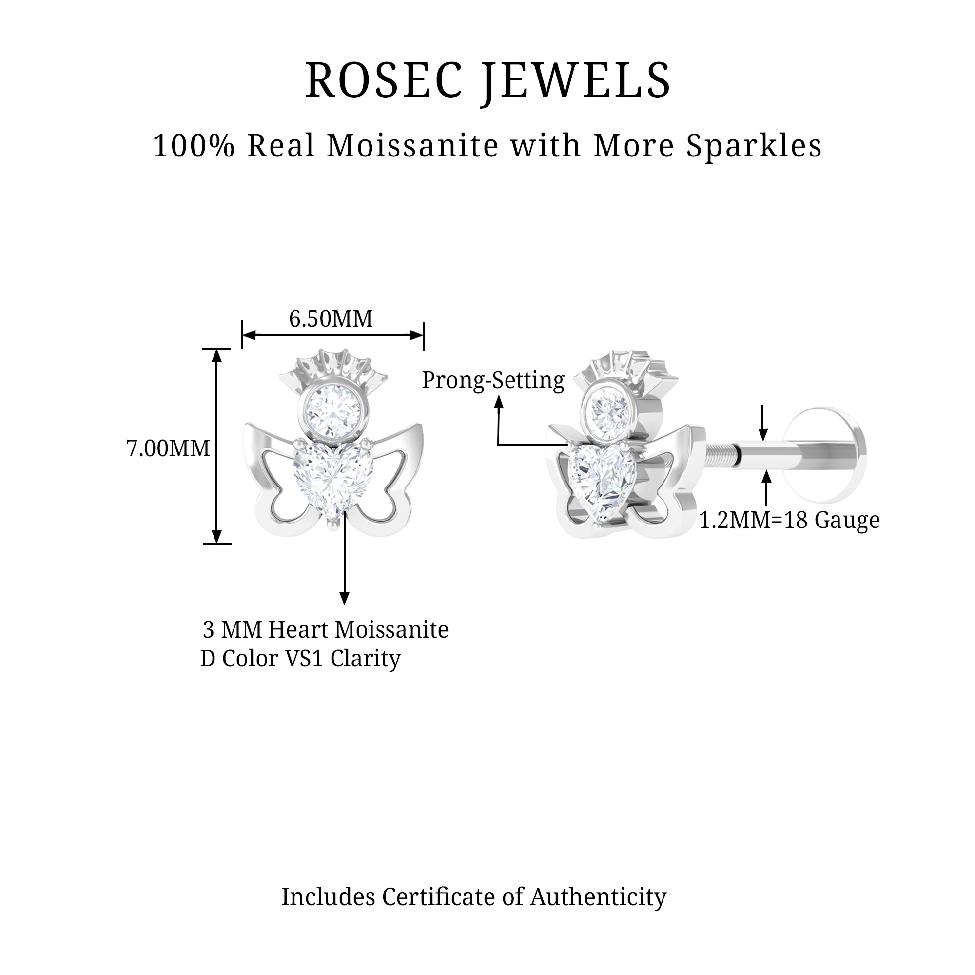 Rosec Jewels-Heart Shape Moissanite Angel Earring for Upper Lobe Piercing