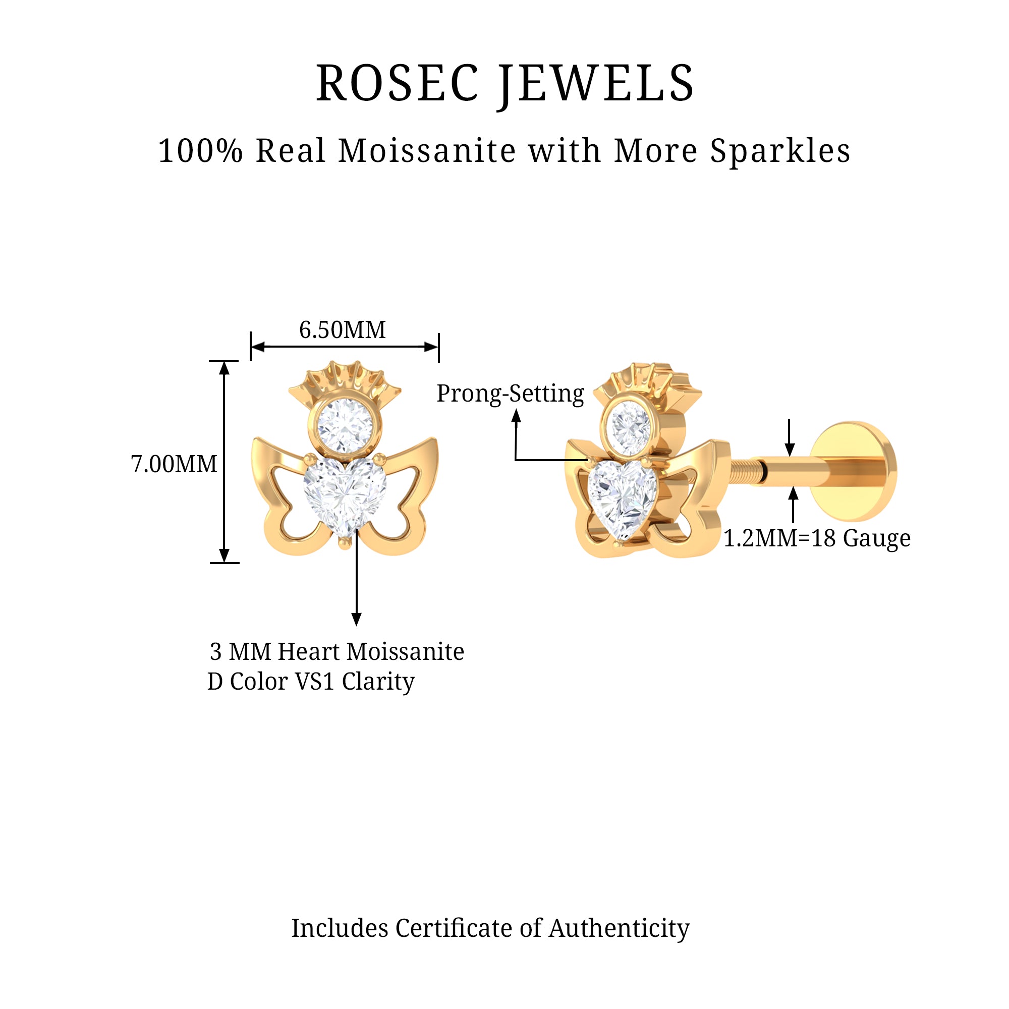 Rosec Jewels-Heart Shape Moissanite Angel Earring for Upper Lobe Piercing