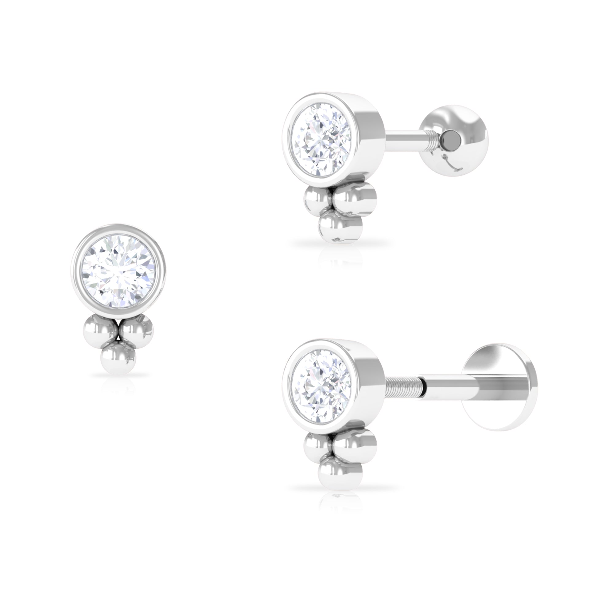 Rosec Jewels-Minimalist Moissanite Gold Beaded Helix Earring in Bezel Setting