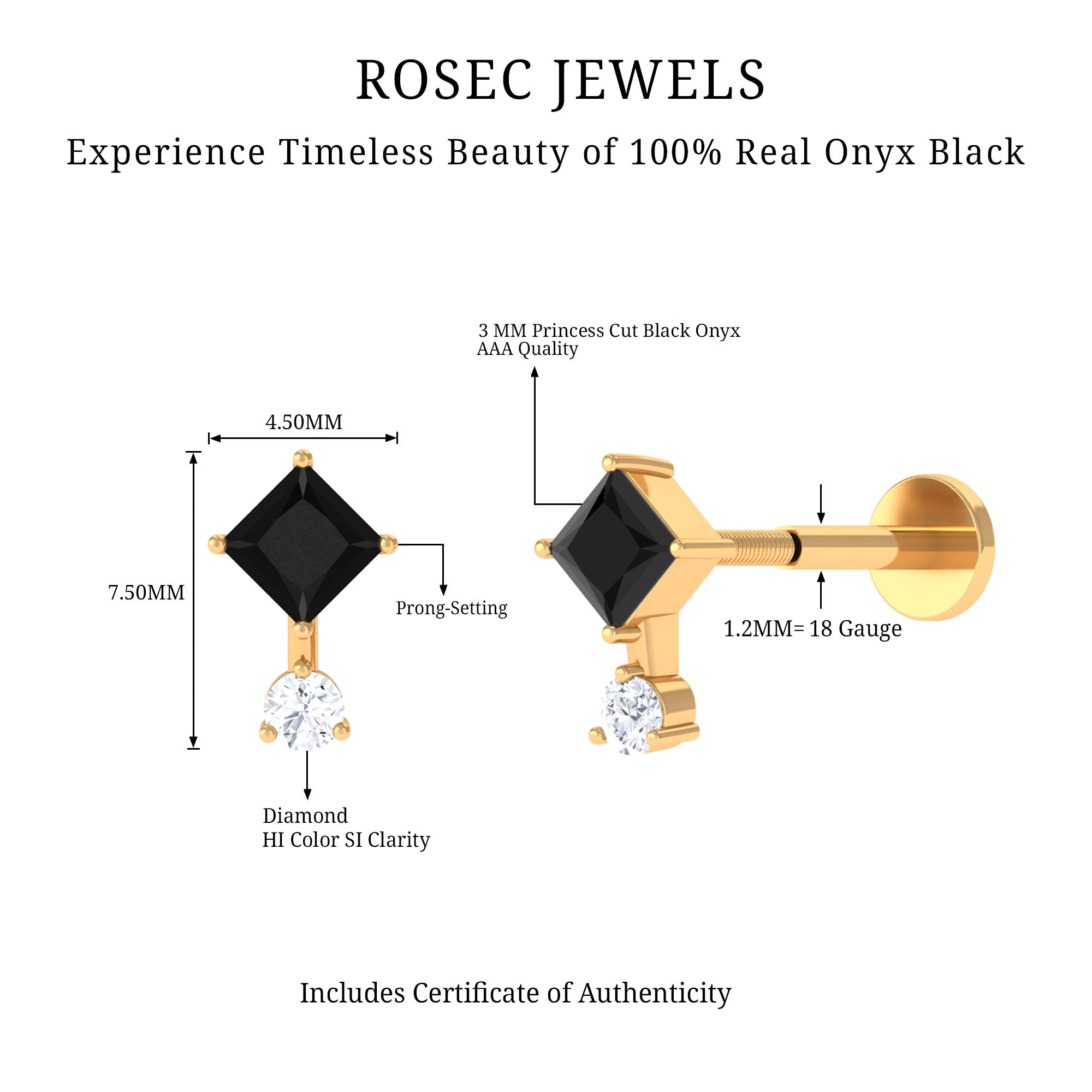 Rosec Jewels-Princess Cut Black Onyx Two Stone Tragus Earring with Diamond