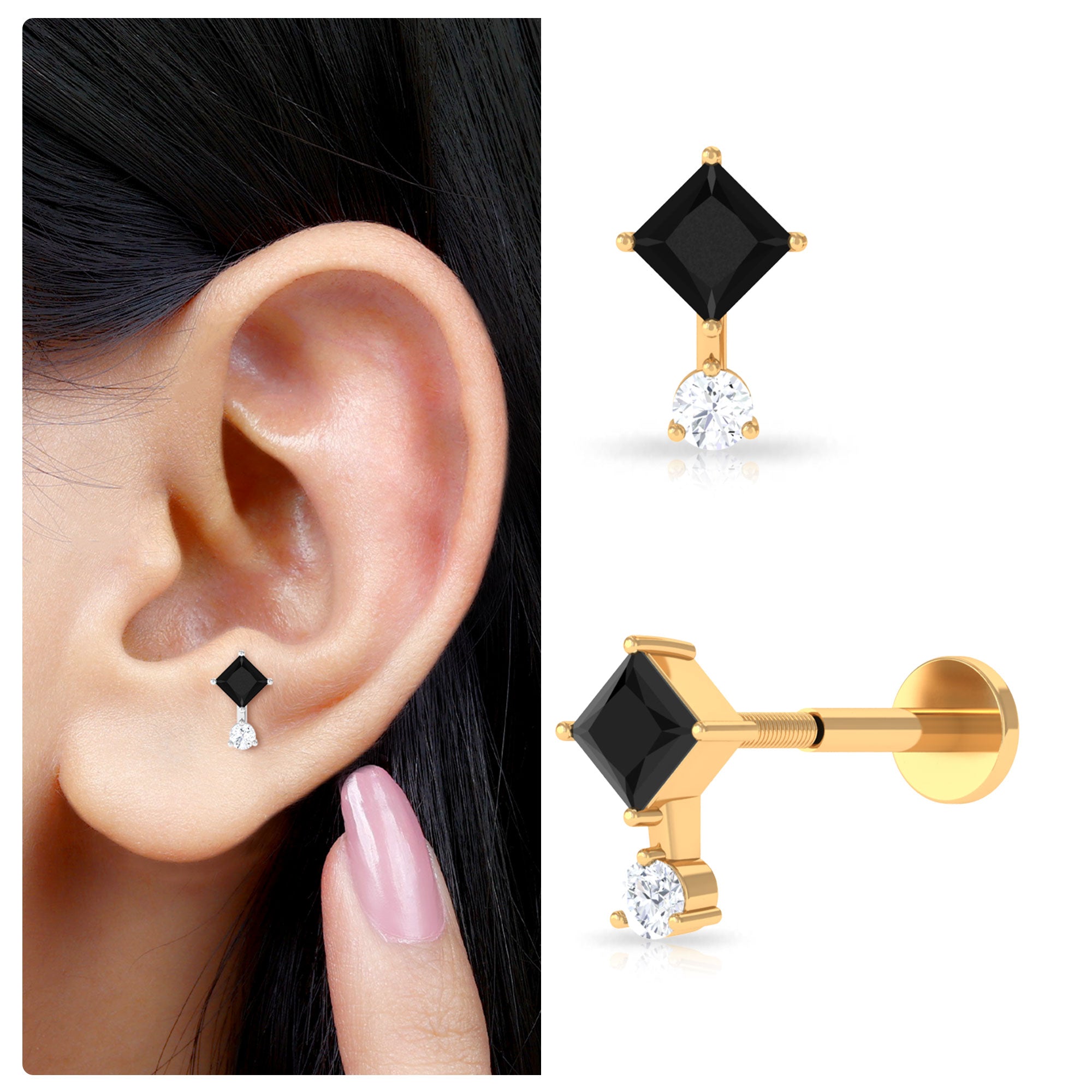 Rosec Jewels-Princess Cut Black Onyx Two Stone Tragus Earring with Diamond