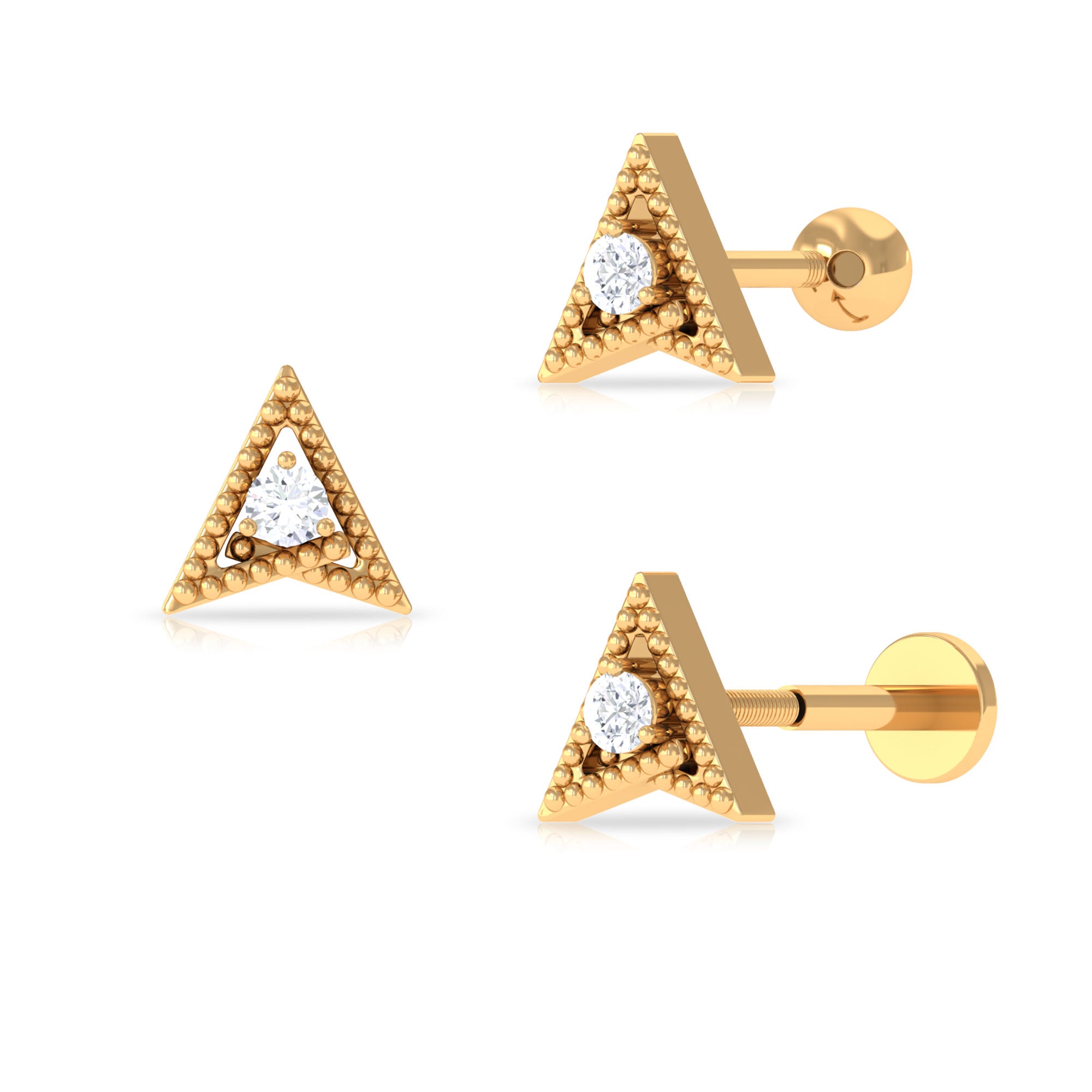 Rosec Jewels-Round Moissanite Gold Beaded Triangle Earring for Helix Piercing