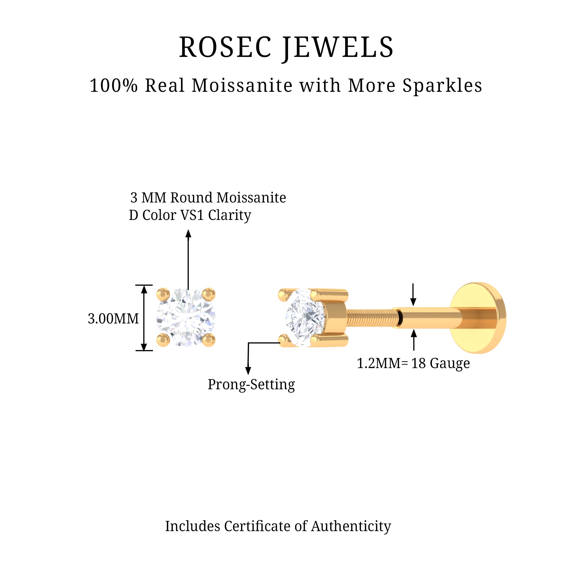 Rosec Jewels-Dainty Moissanite Solitaire Conch Earring in Gold