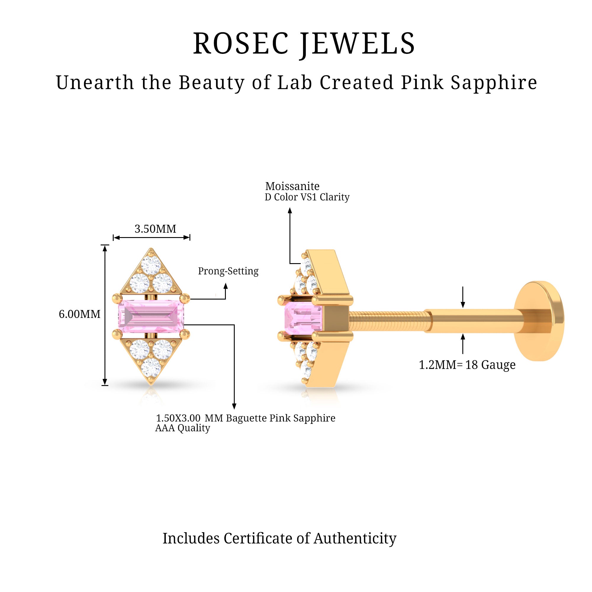 Rosec Jewels-Baguette Pink Sapphire and Moissanite Tragus Earring