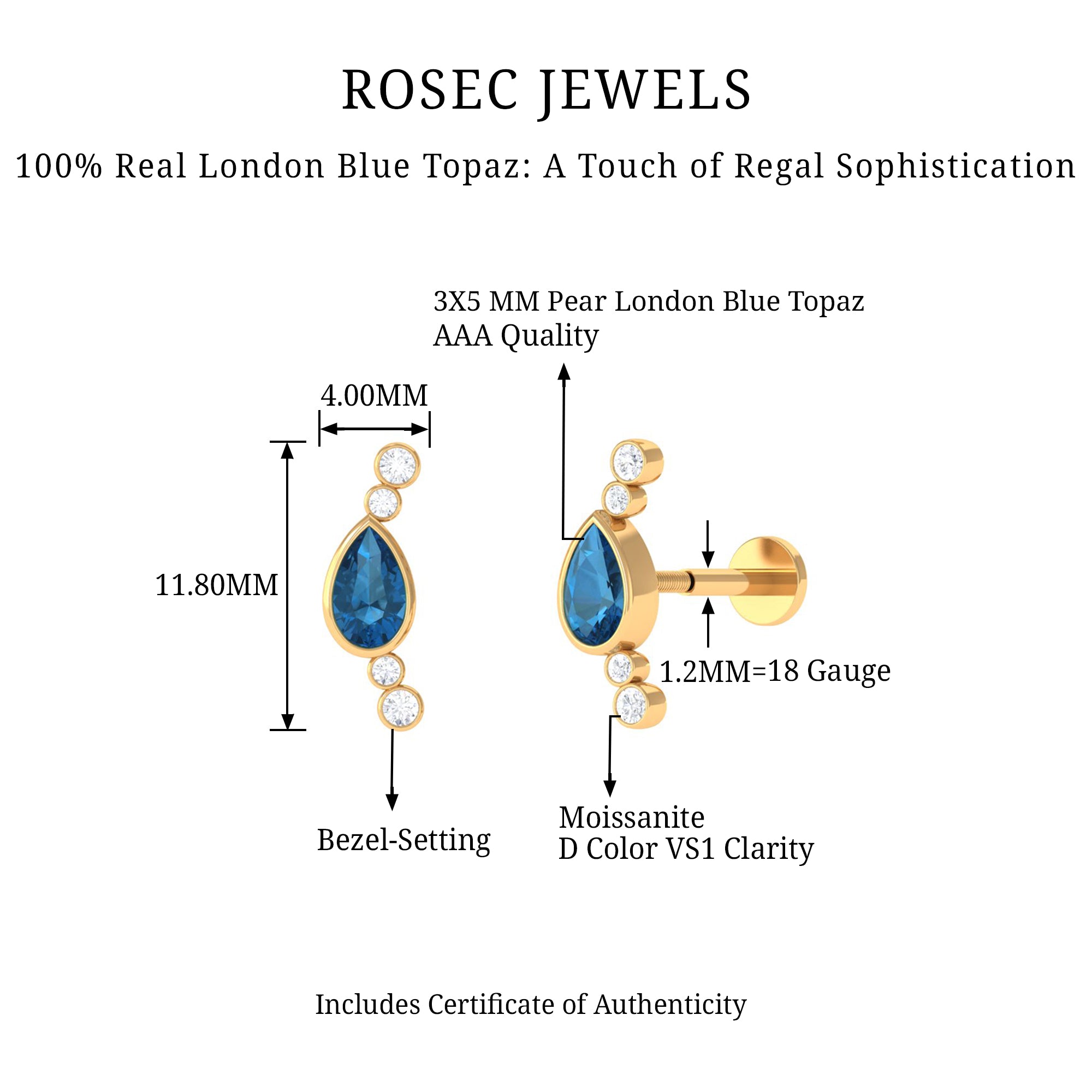 Rosec Jewels-Pear London Blue Topaz Crawler Earring with Moissanite