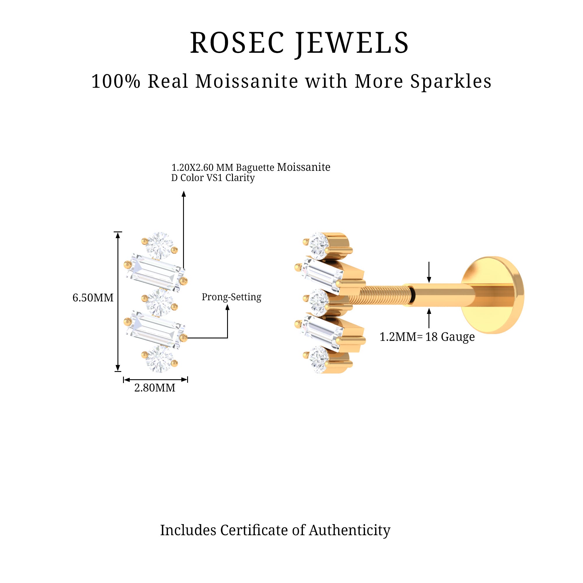 Rosec Jewels-Round Baguette Moissanite Tragus Earring in Gold