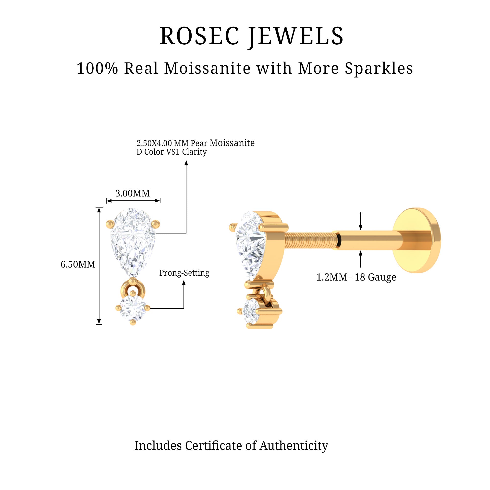 Rosec Jewels-Dainty Moissanite Piercing Earring for Helix