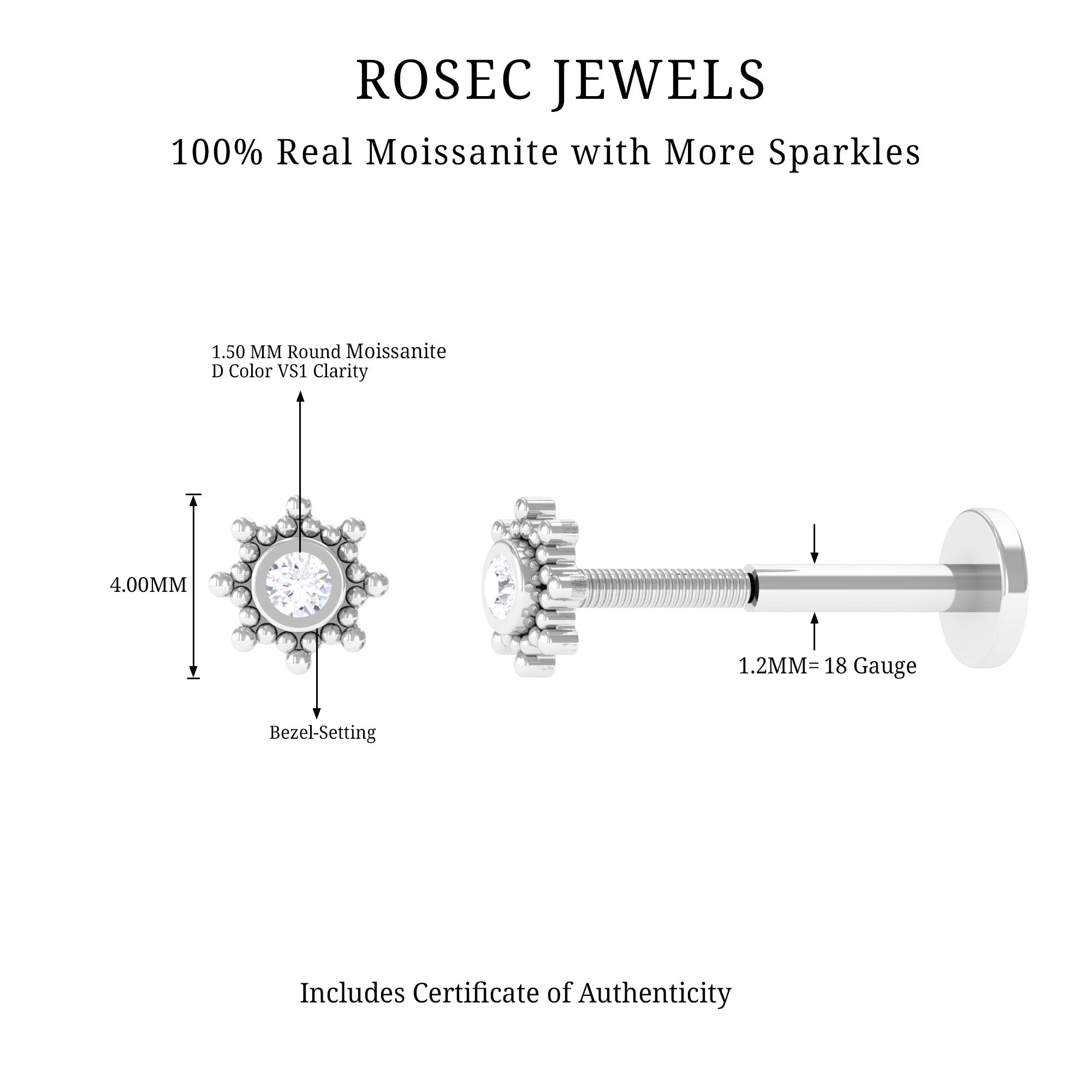 Rosec Jewels-Dainty Moissanite Solitaire Beaded Conch Earring in Bezel Setting