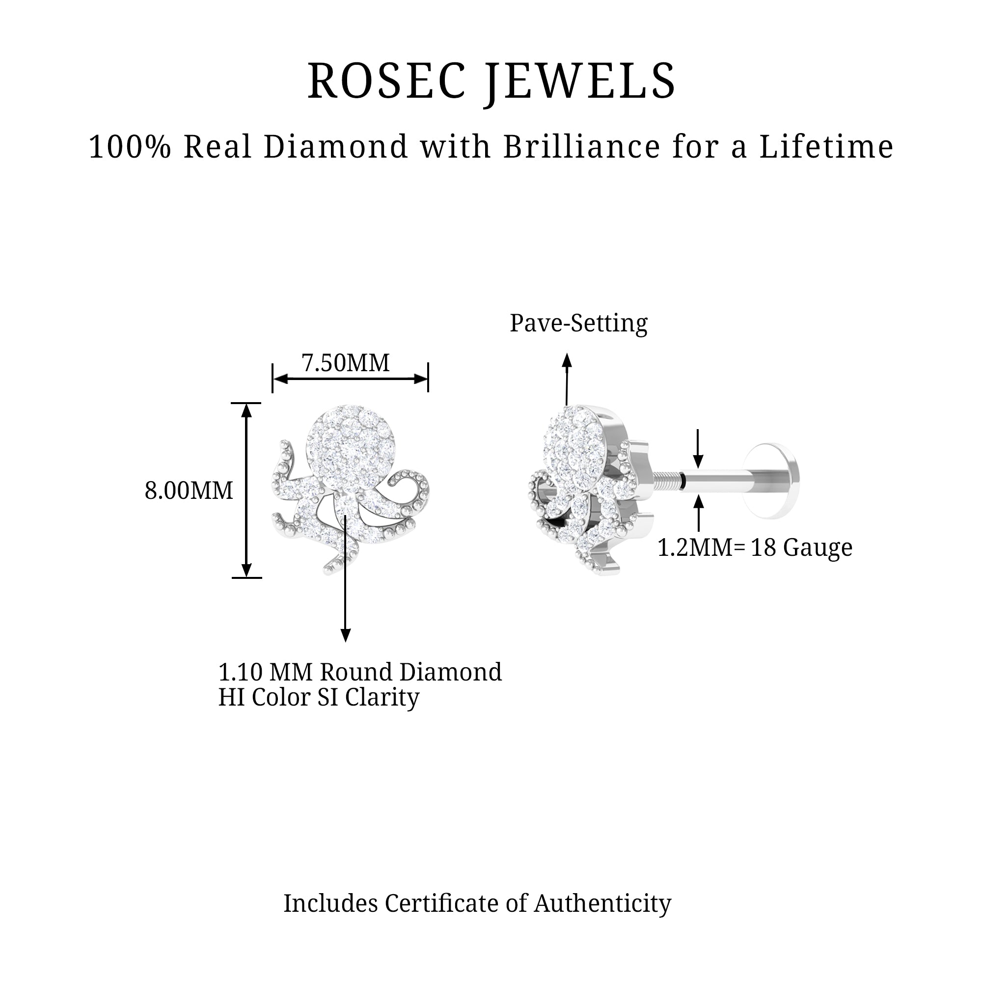 Rosec Jewels-Unique Diamond Octopus Earring with Flat Back