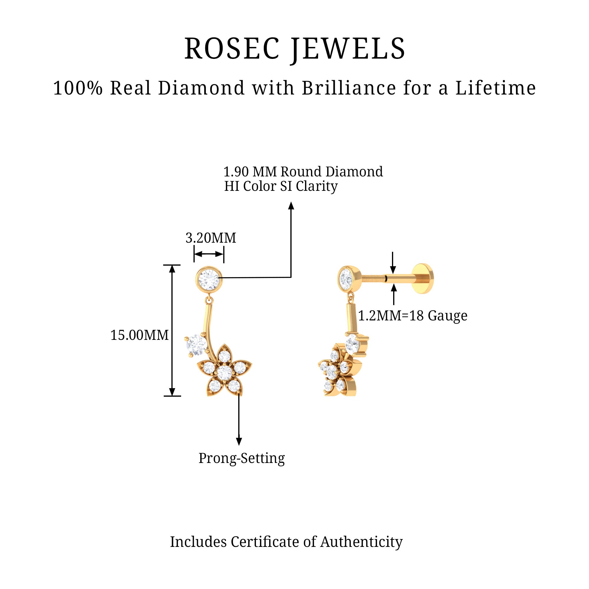 Rosec Jewels-Genuine Diamond Floral Drop Earring for Cartilage Piercing