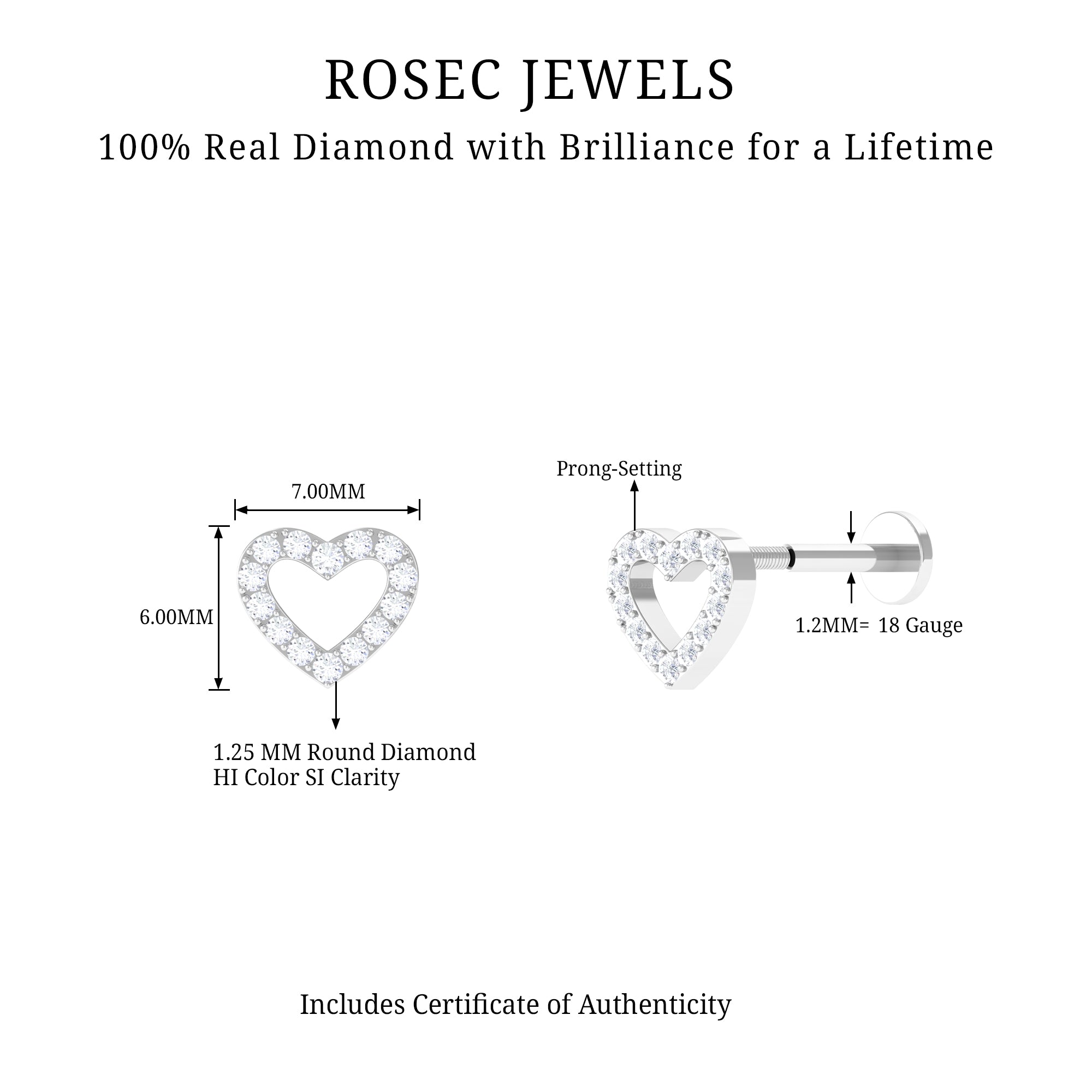 Rosec Jewels-Natural Diamond Open Heart Earring for Helix Piercing