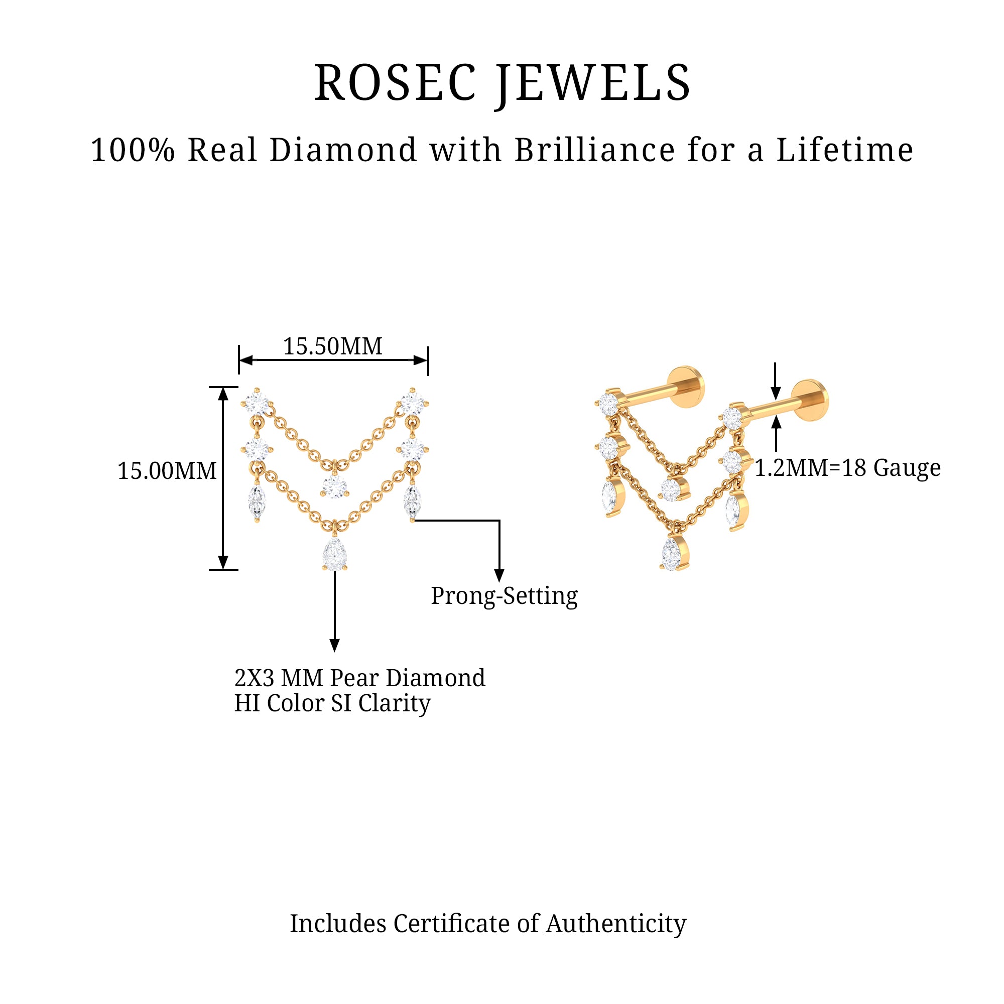 Rosec Jewels-Real Diamond Double Chain Earring for Cartilage Piercing