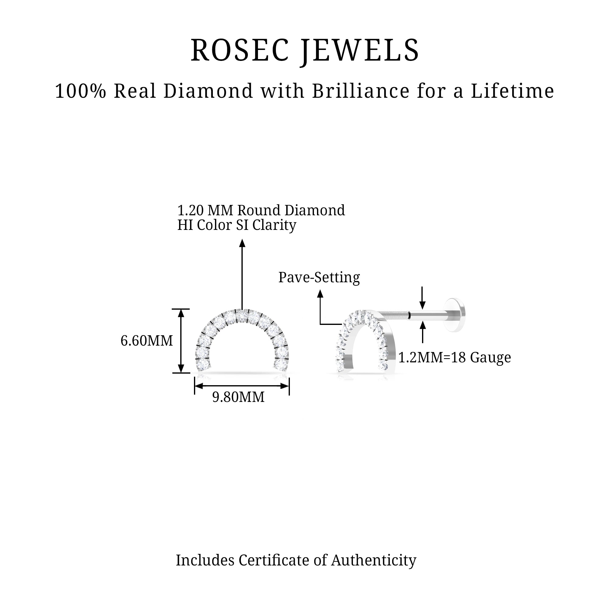 Rosec Jewels-Real Diamond Half Circle Earring for Cartilage Piercing