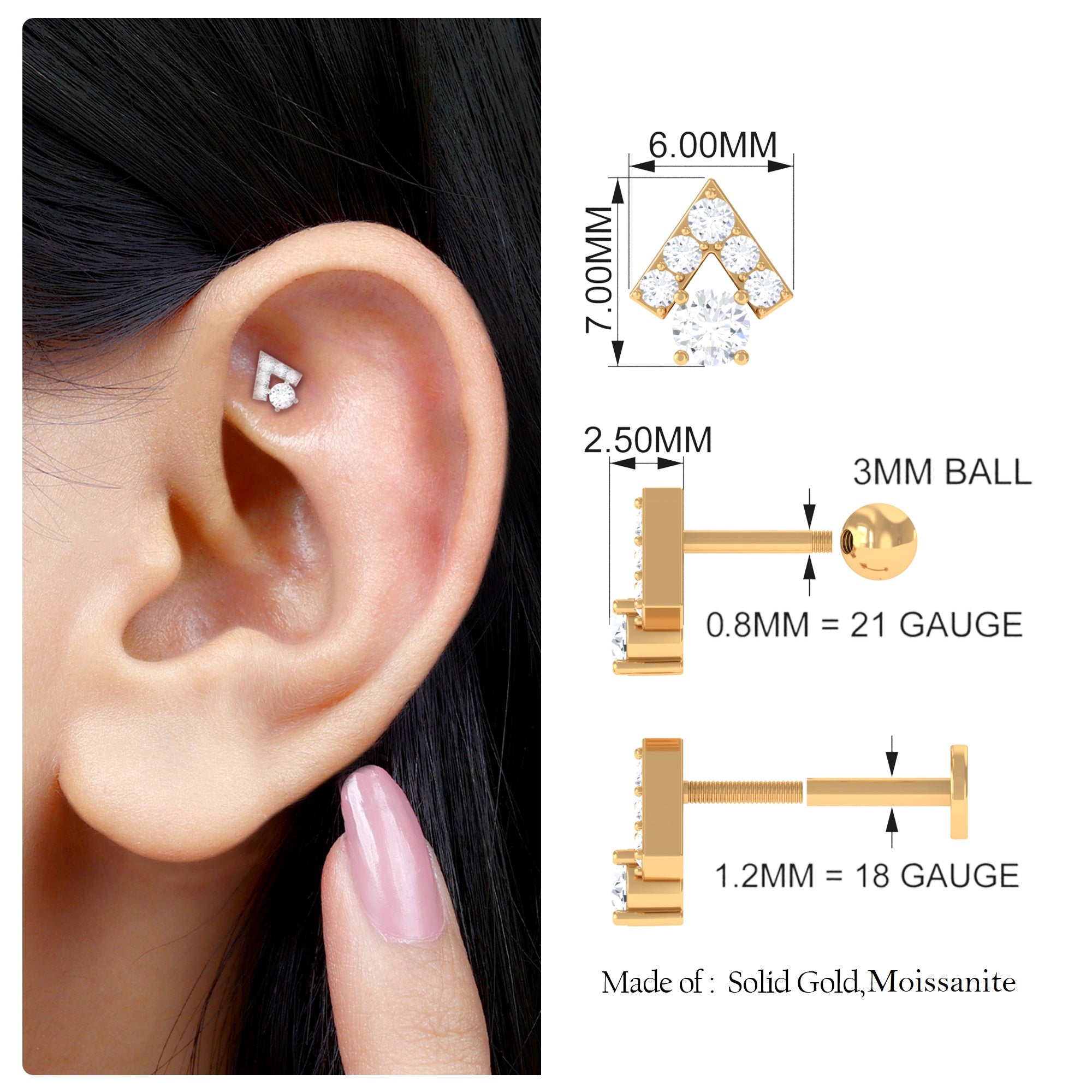 Rosec Jewels-Round Certified Moissanite Triangle Helix Earring in Gold