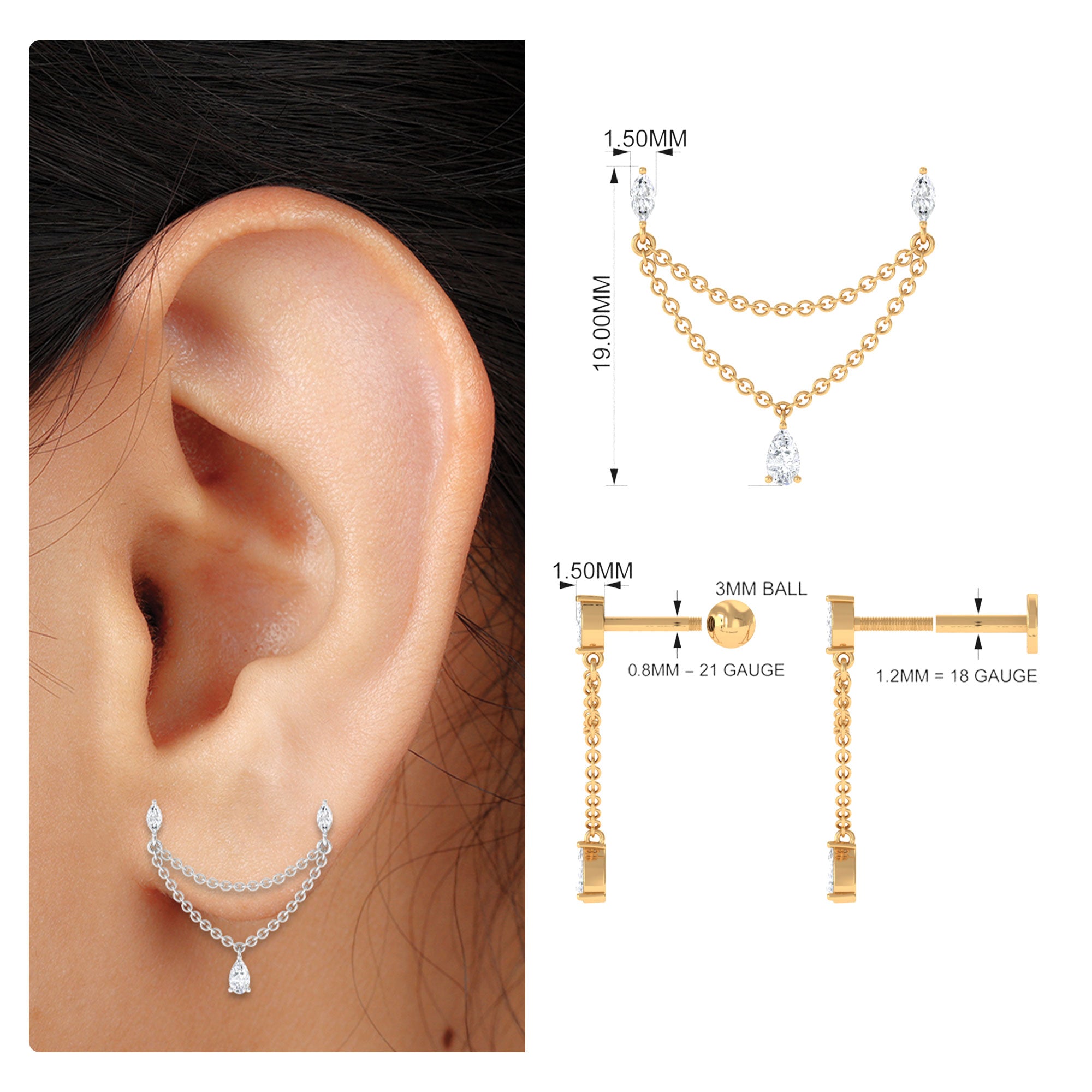 Rosec Jewels-Moissanite Double Chain Earring for Helix Piercing