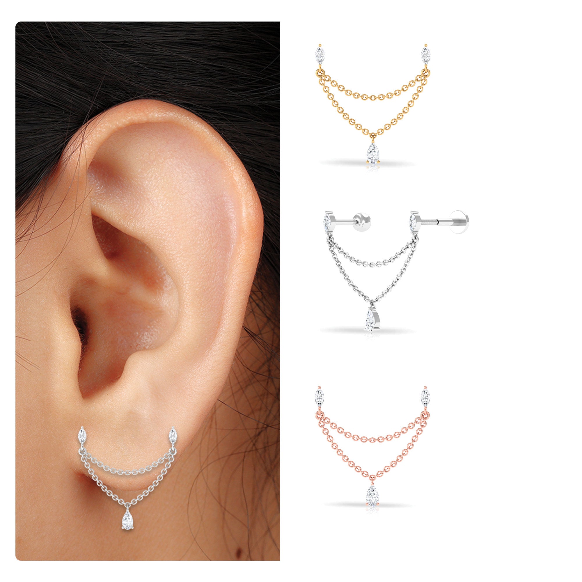 Rosec Jewels-Moissanite Double Chain Earring for Helix Piercing