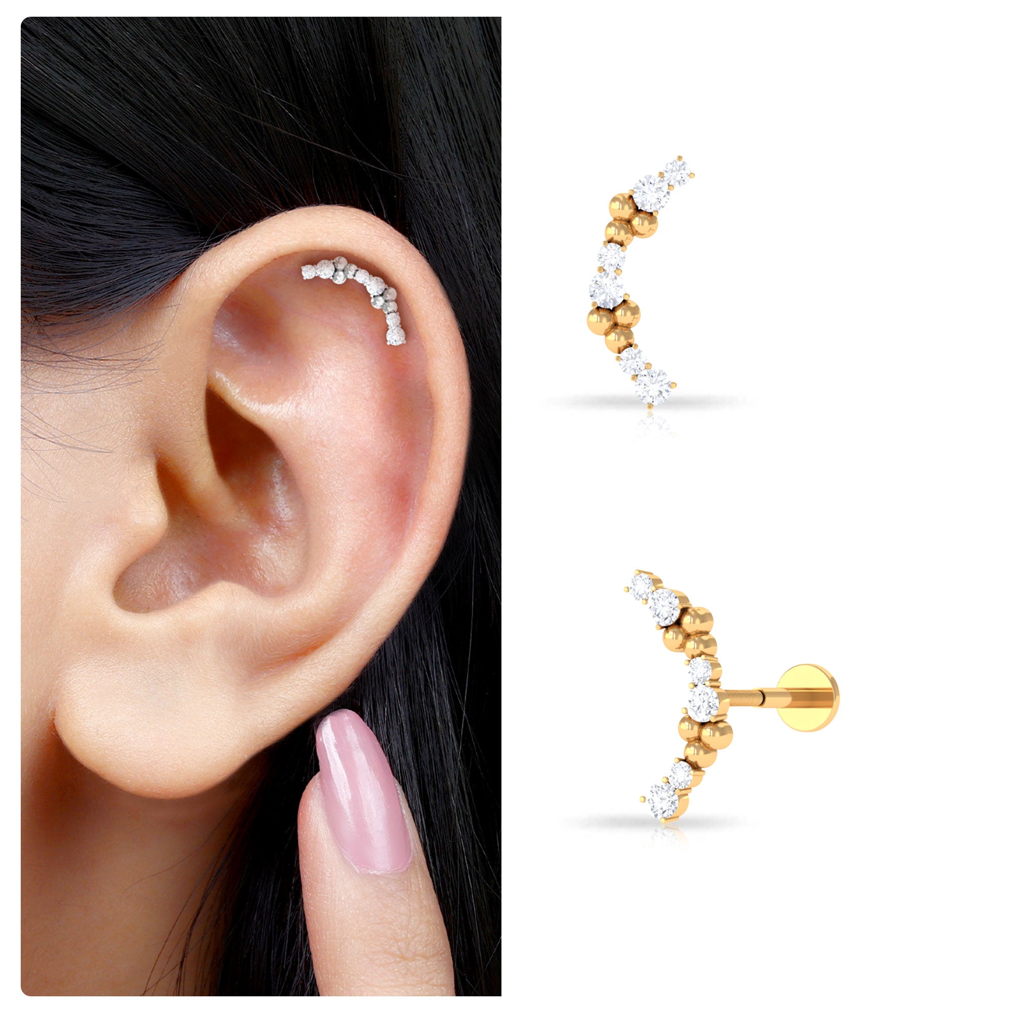 Rosec Jewels-Round Cut Moissanite Gold Ear Climber Earring