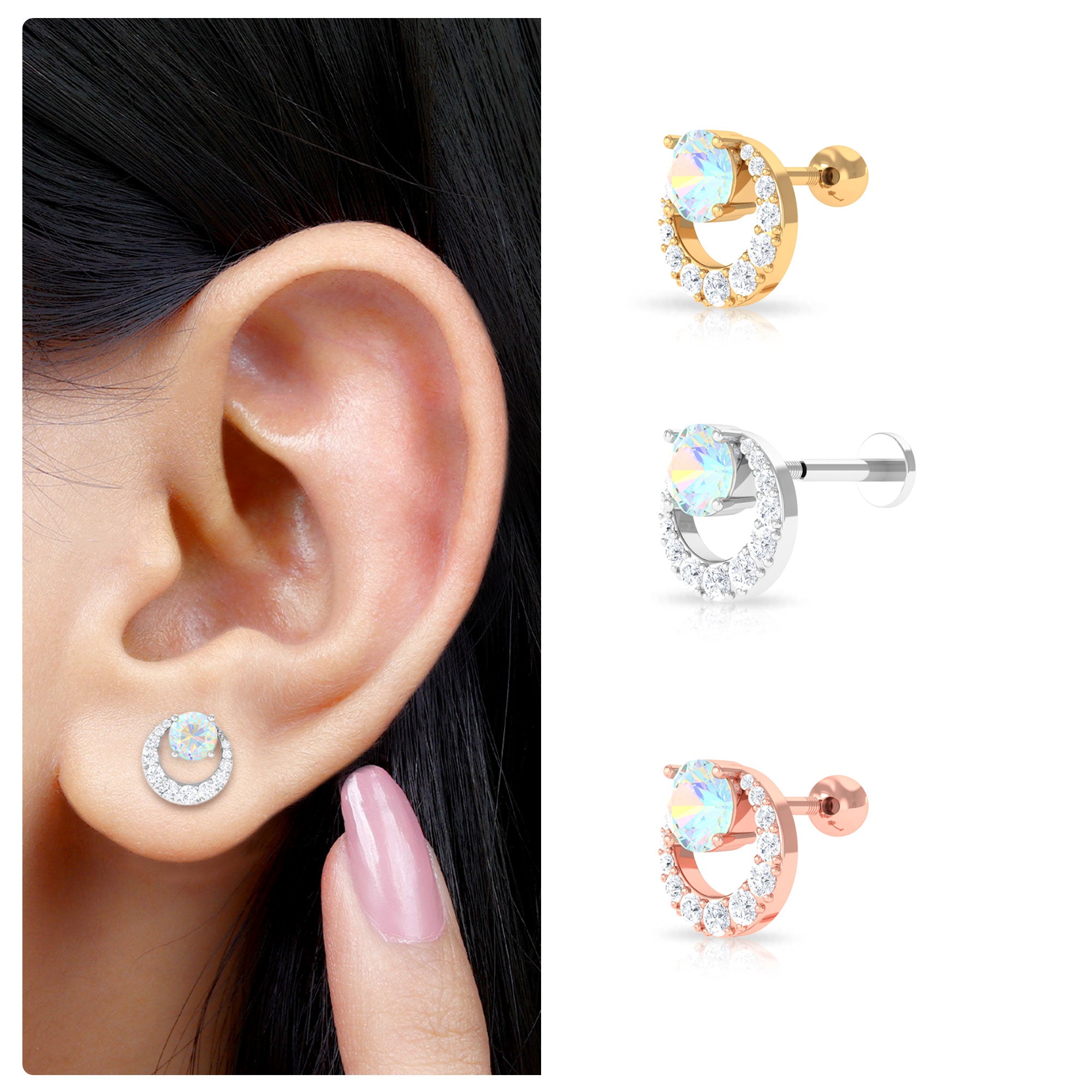 Rosec Jewels-Ethiopian Opal and Moissanite 3 Stone Tragus Earring