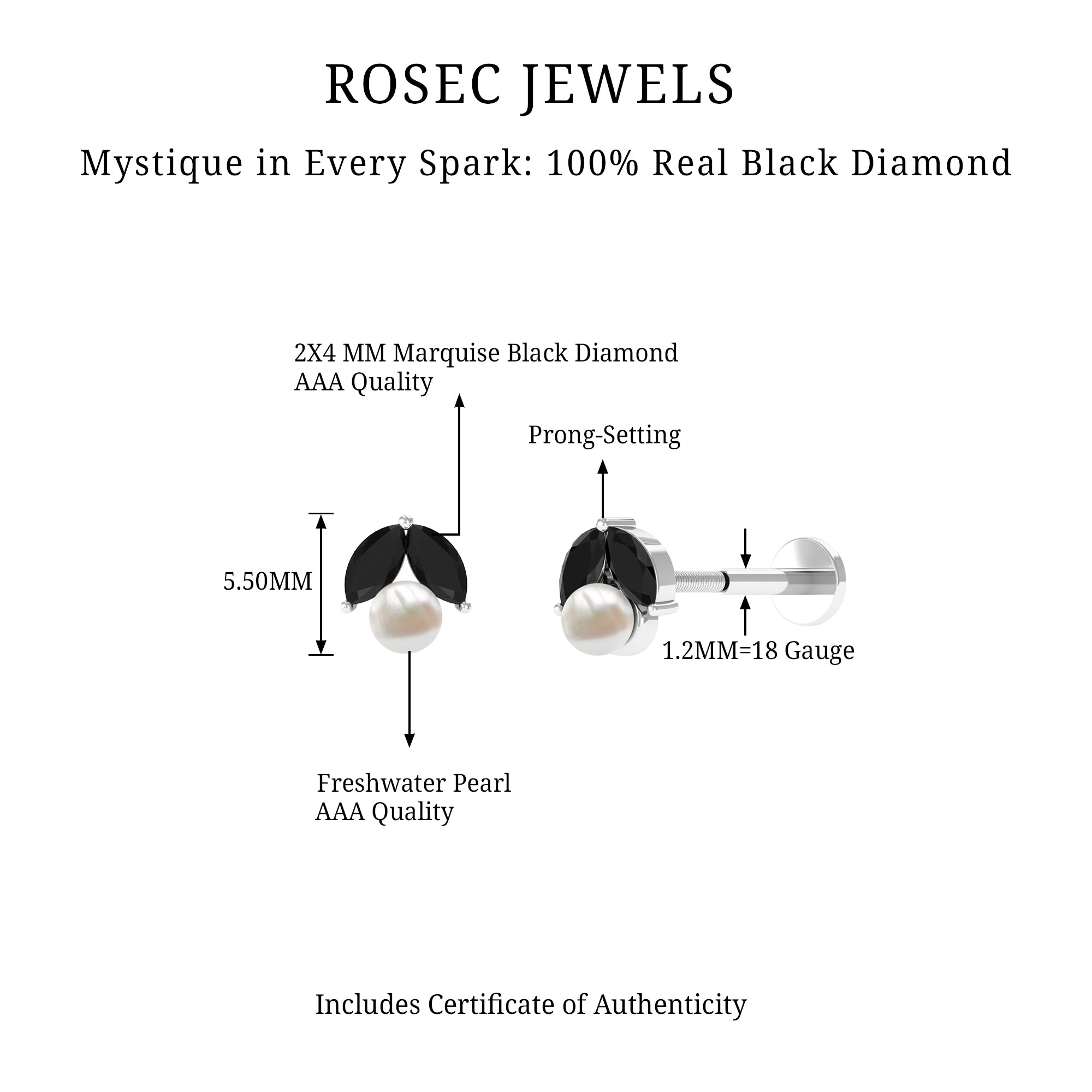 Rosec Jewels-Black Diamond and Freshwater Pearl Cartilage Earring