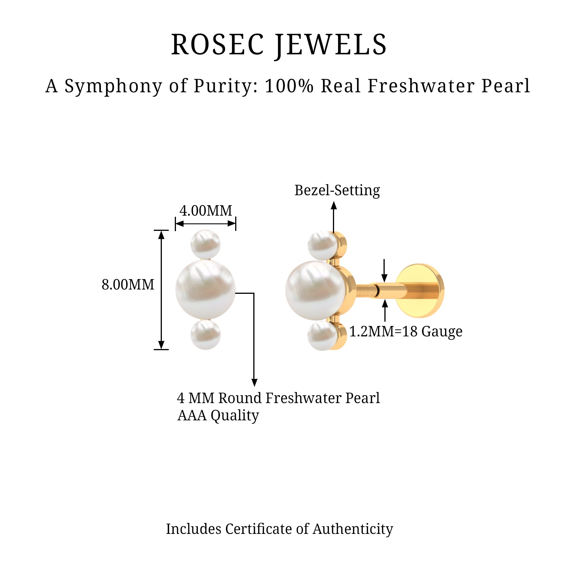 Rosec Jewels-Round Freshwater Pearl Three Stone Cartilage Earring