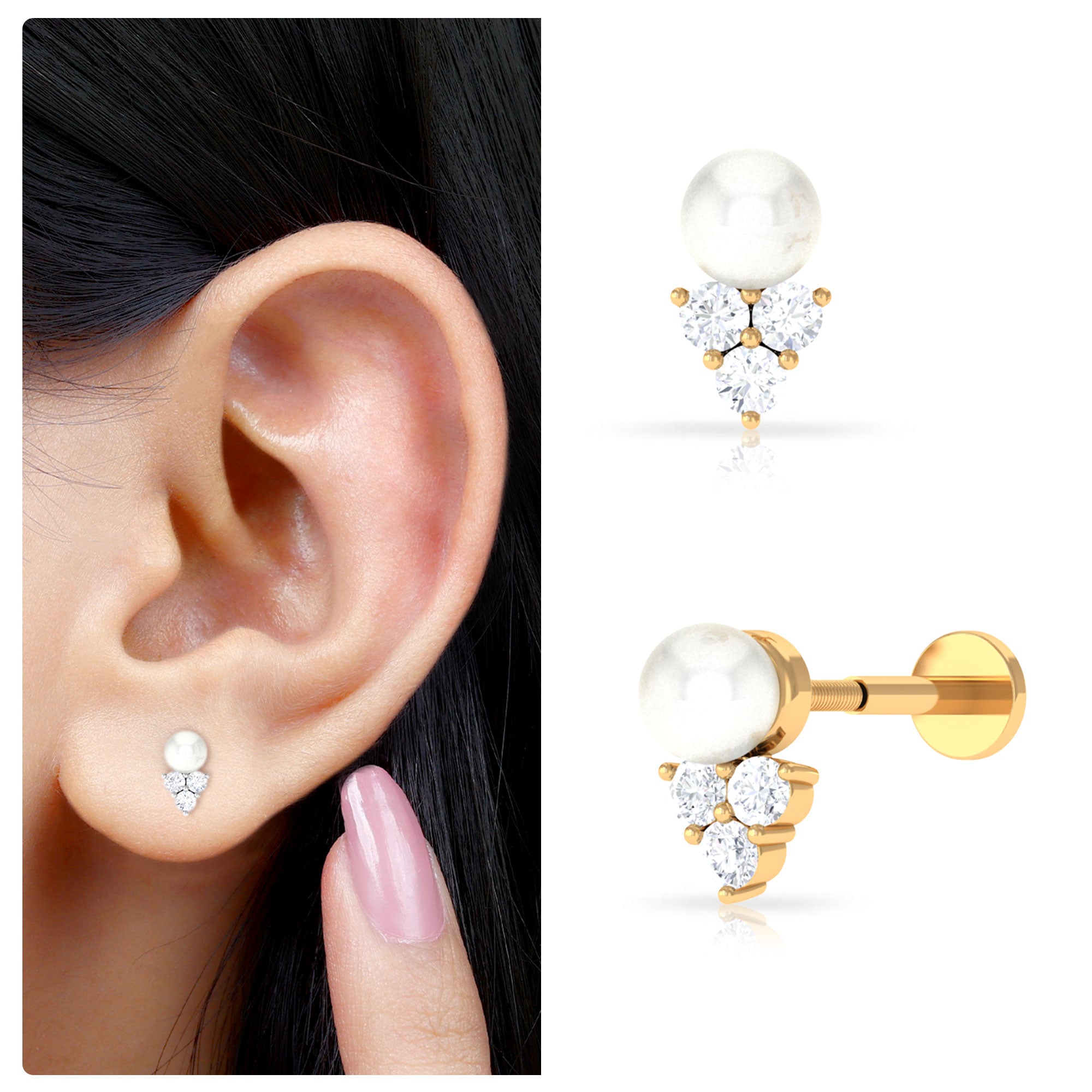 Rosec Jewels-Minimal Freshwater Pearl and Moissanite Tragus Earring