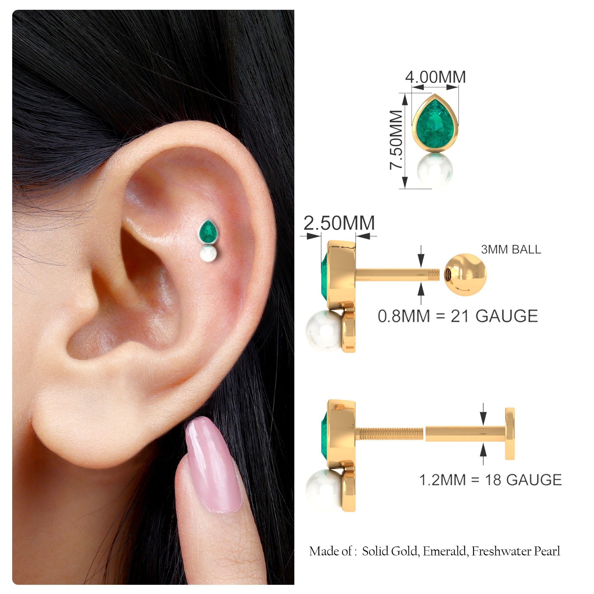 Rosec Jewels-Pear Cut Green Emerald and Freshwater Pearl Tragus Earring