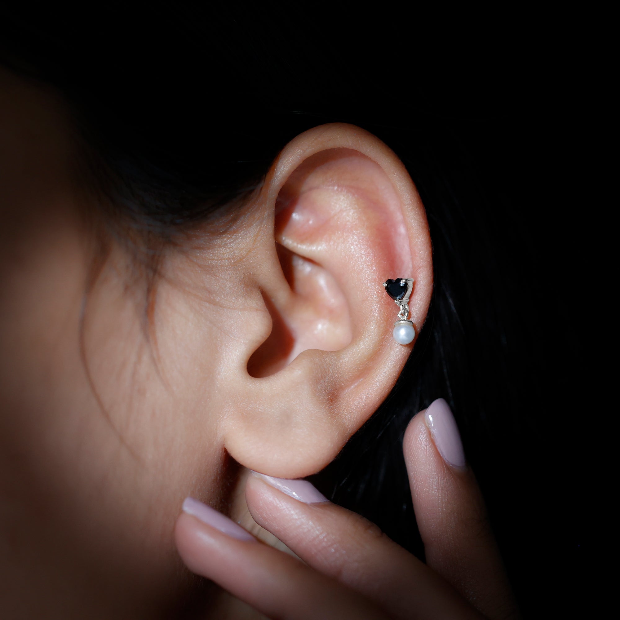 Rosec Jewels-Heart Shape Black Onyx and Freshwater Pearl Helix Drop Earring