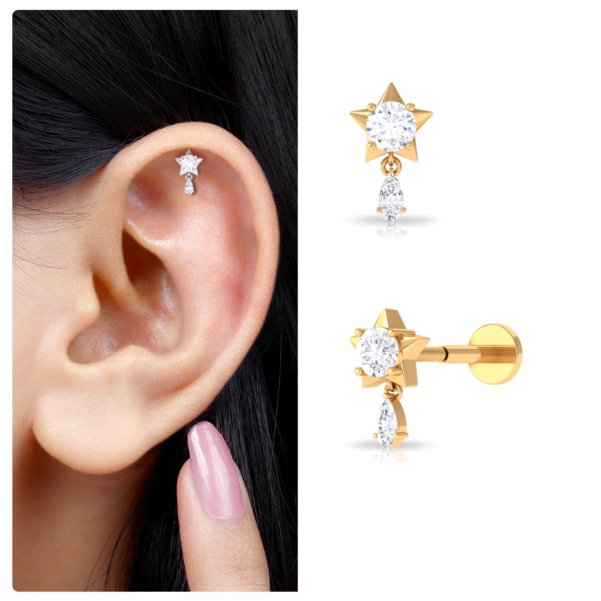 Rosec Jewels-Unique Moissanite Star Drop Earring for Cartilage Piercing