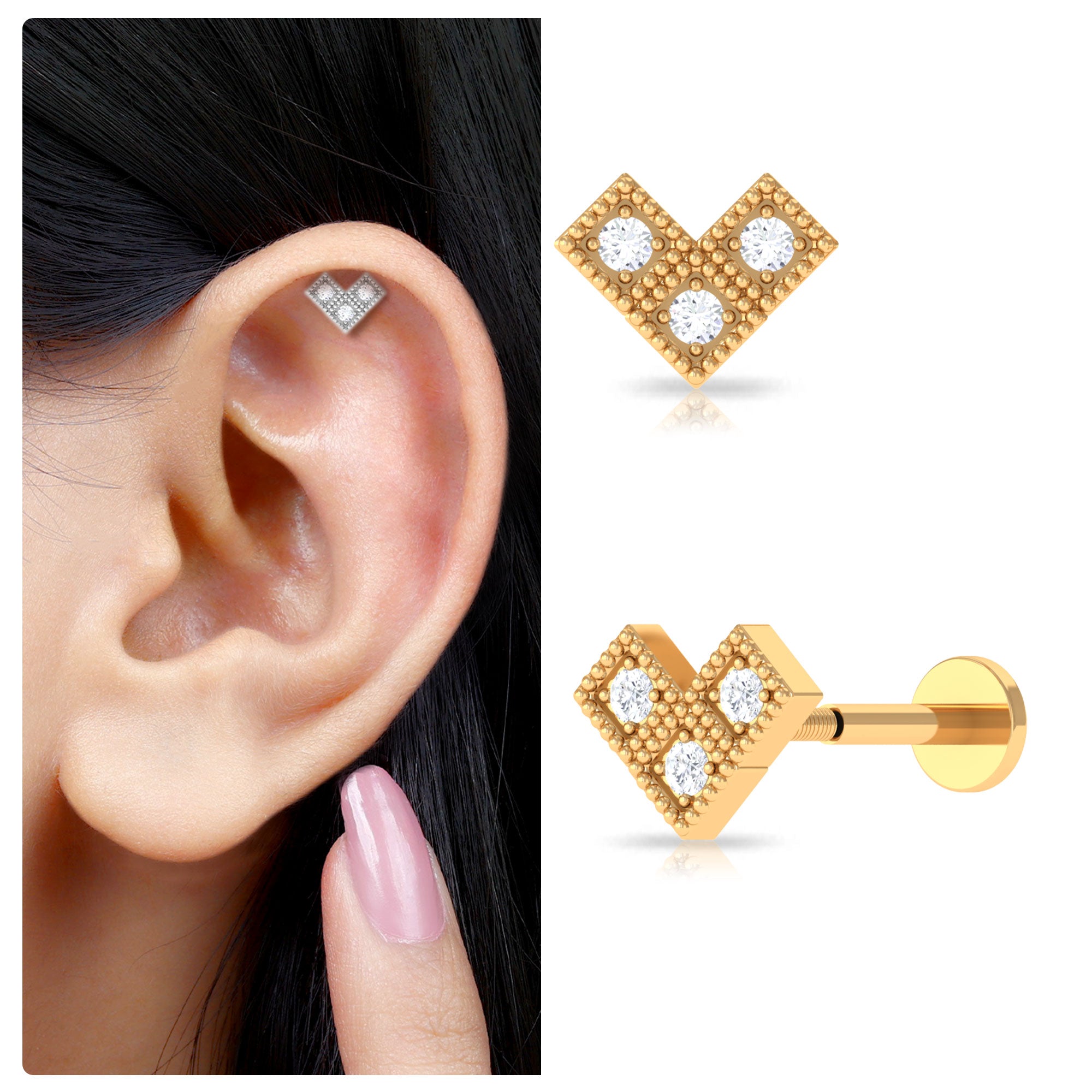 Rosec Jewels-Round Diamond Gold Beaded V Shape Earring